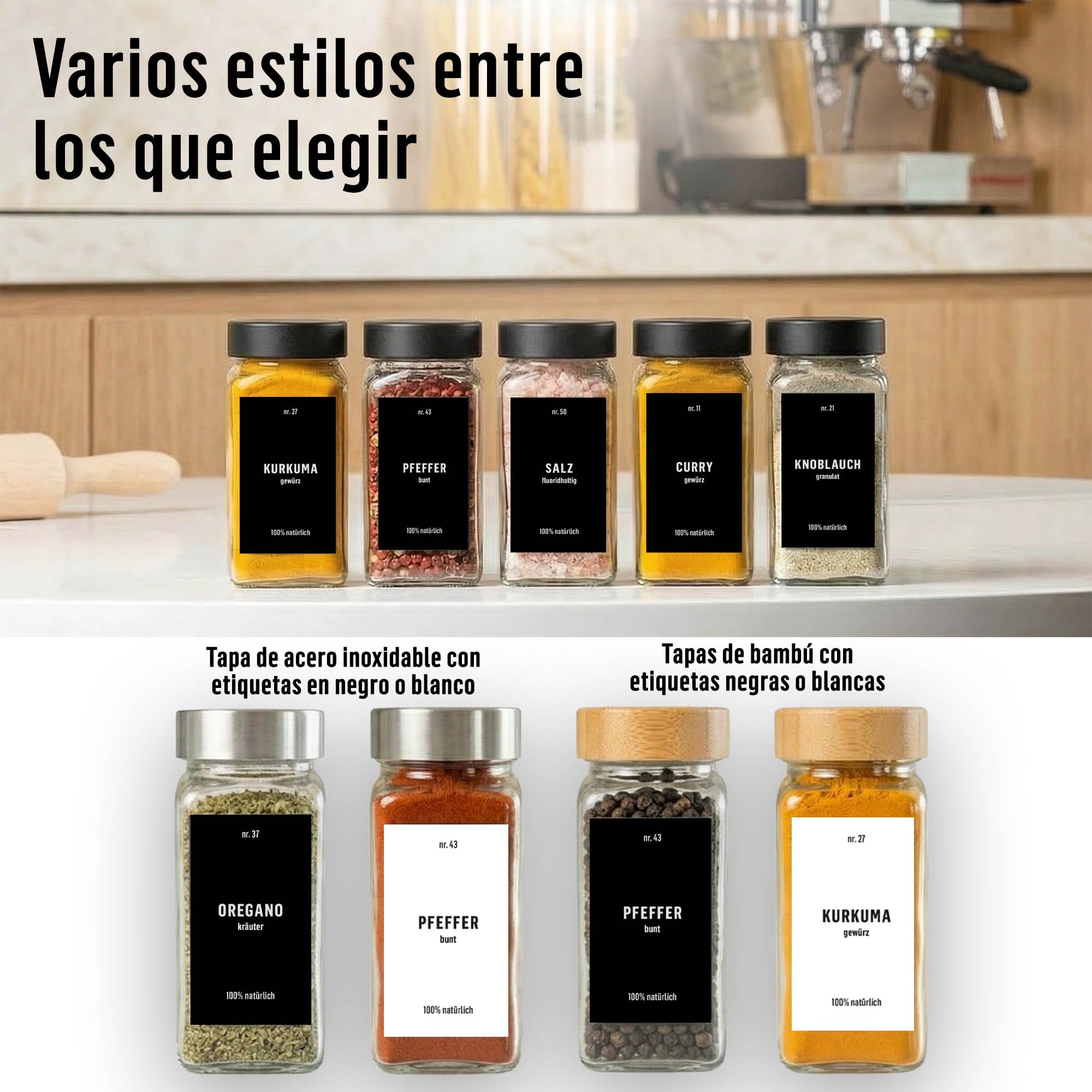 Deco haus® Lot de 36 Bocaux à Épices Carrés Hermétiques [avec Étiquettes & Saupoudreur] - Bocaux en Verre - Pot a Epices en Verre et Bois, Spice Jars - Récipients d'Épices - Pot à Epices