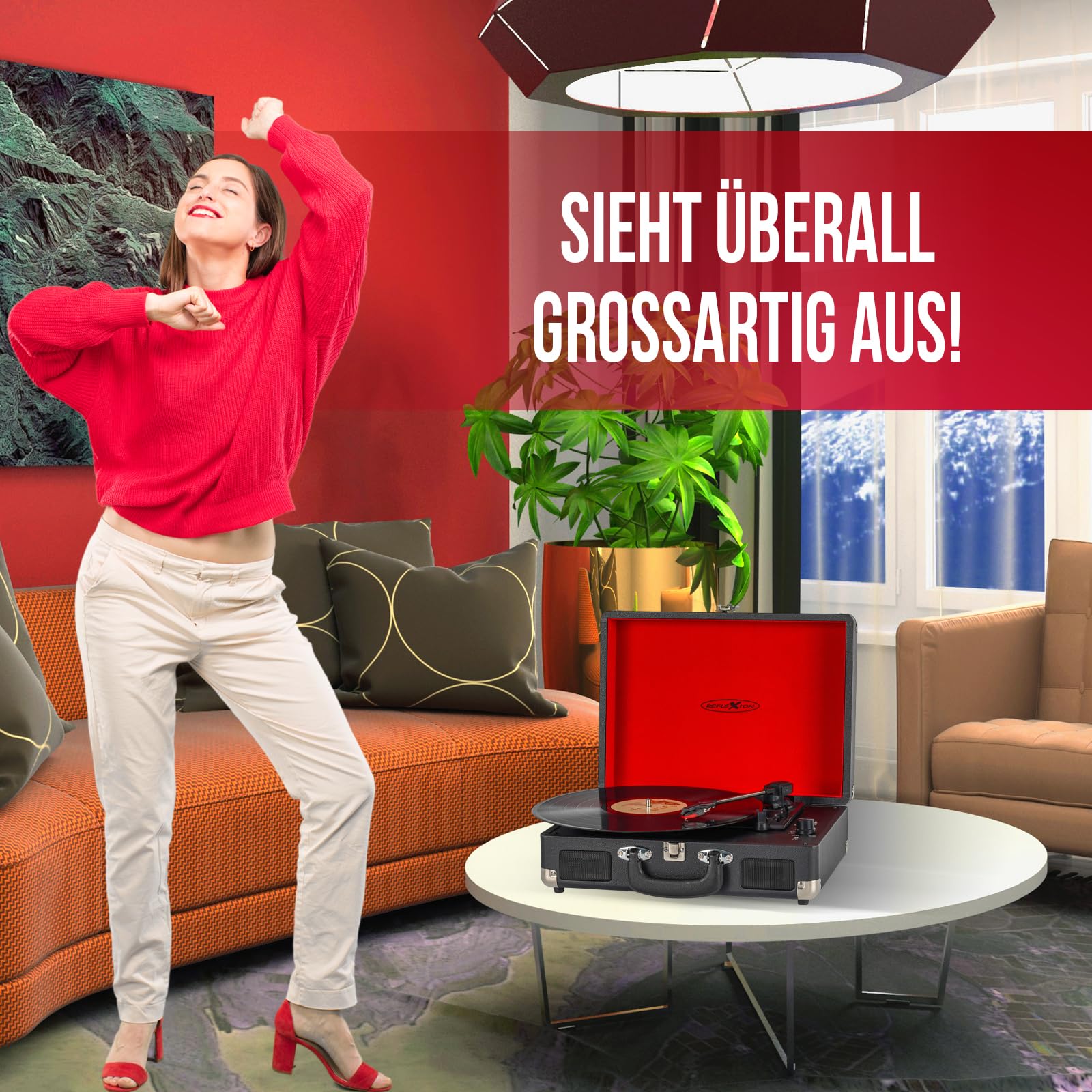 Reflexion HIF1979BT Retro Plattenspieler mit Bluetooth 5.1, MP3-Aufnahme auf USB, Lautsprecher, AUX, 3 Geschwindigkeiten, tragbarer Koffer-Turntable in Holzoptik mit Leder-Design