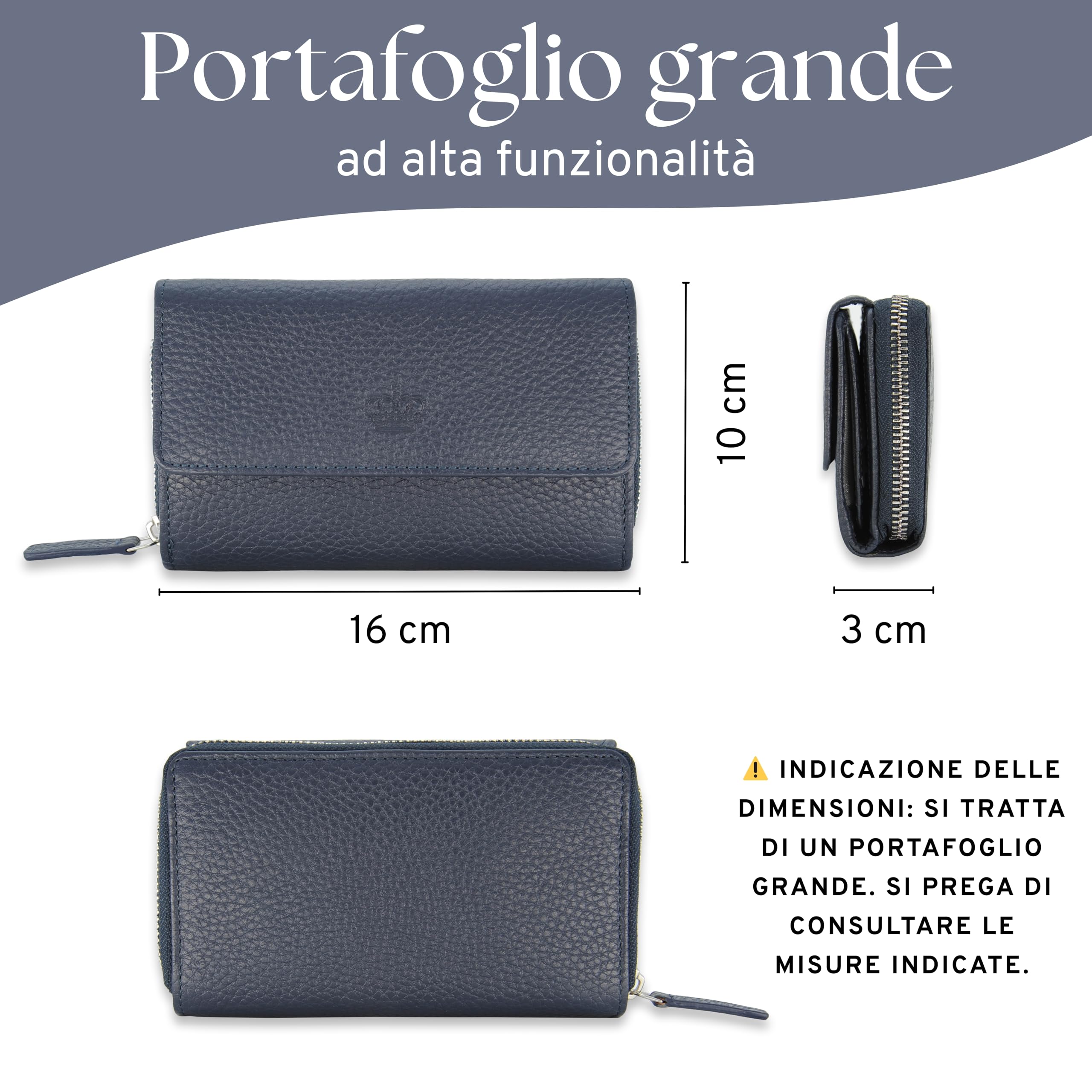 Baur portafoglio da donna – vera pelle con protezione RFID – portafoglio grande con 14 scomparti per carte – chiusura a bottone a pressione & tasca portamonete con cerniera (Blu scuro)