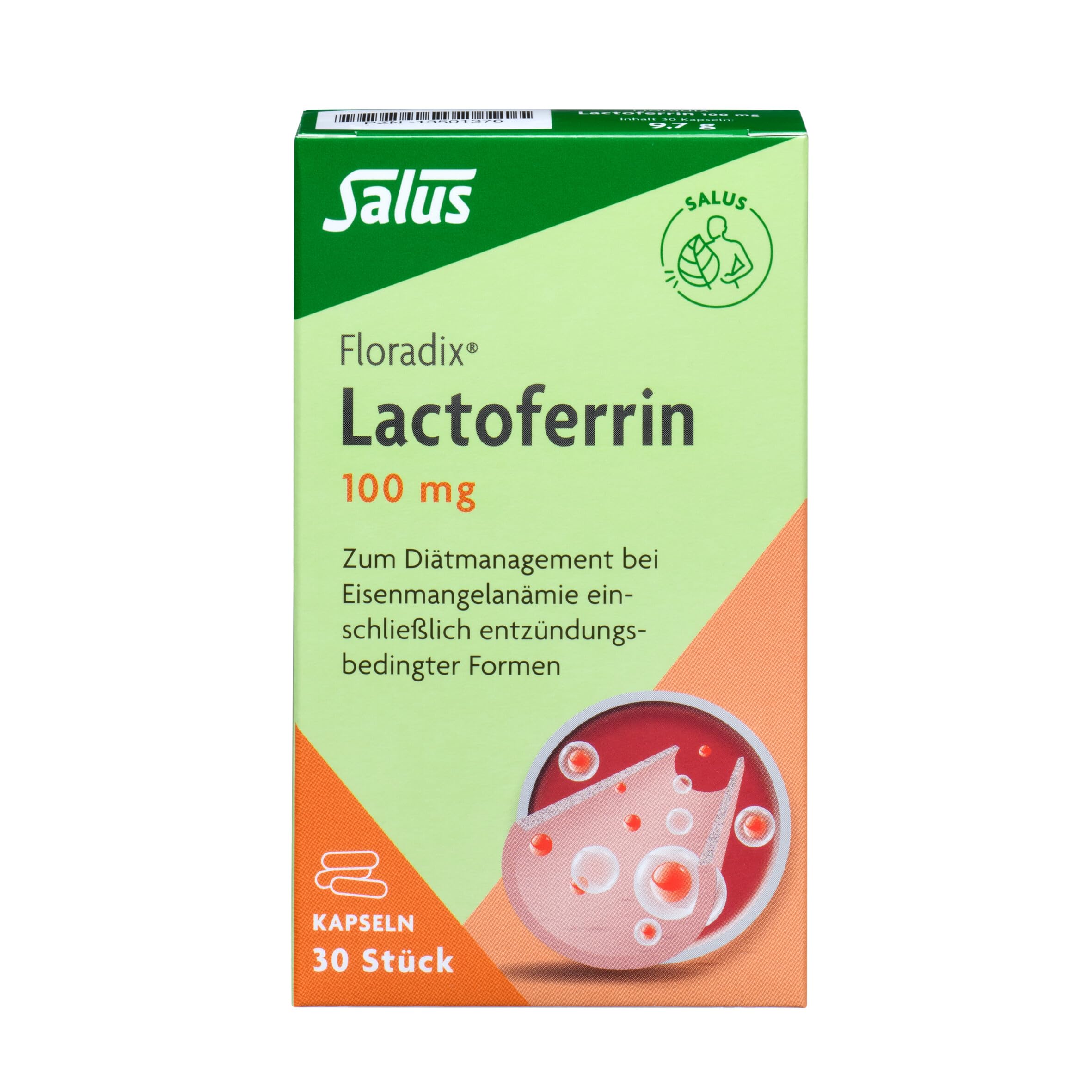 Salus Floradix Lactoferrin 100 mg - 1x 30 Kapseln (9,7 g) - zum Diätmanagement bei diagnostizierter Eisenmangelanämie einschließlich entzündungsbedingter Formen - vegetarisch