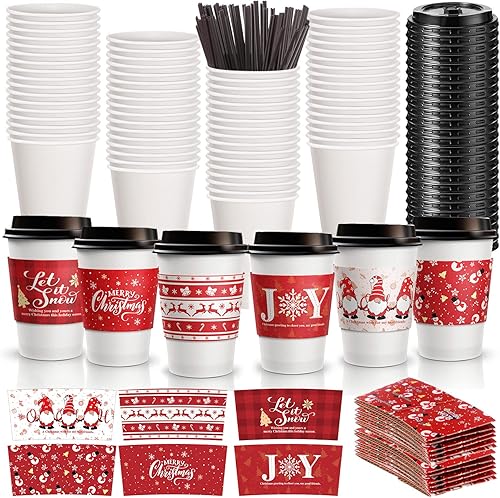 Miniatura 1 de Paquete de 60 tazas de café desechables de Navidad de 12 onzas con tapas, fundas y pajitas para agitar, tazas de papel de Navidad, tazas de café