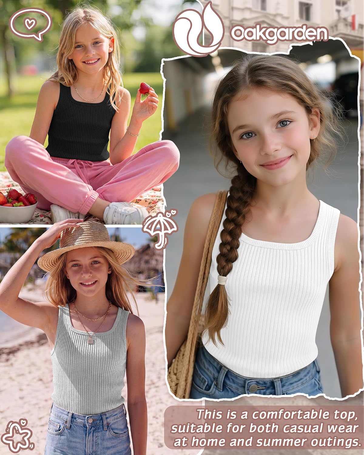 Oakgarden 4 Pack Girls Tank Tops Ribbed Knit Sleeveless Shirts 5-14 Years Square Neck Basic Stretch Undershirt Casual Tops