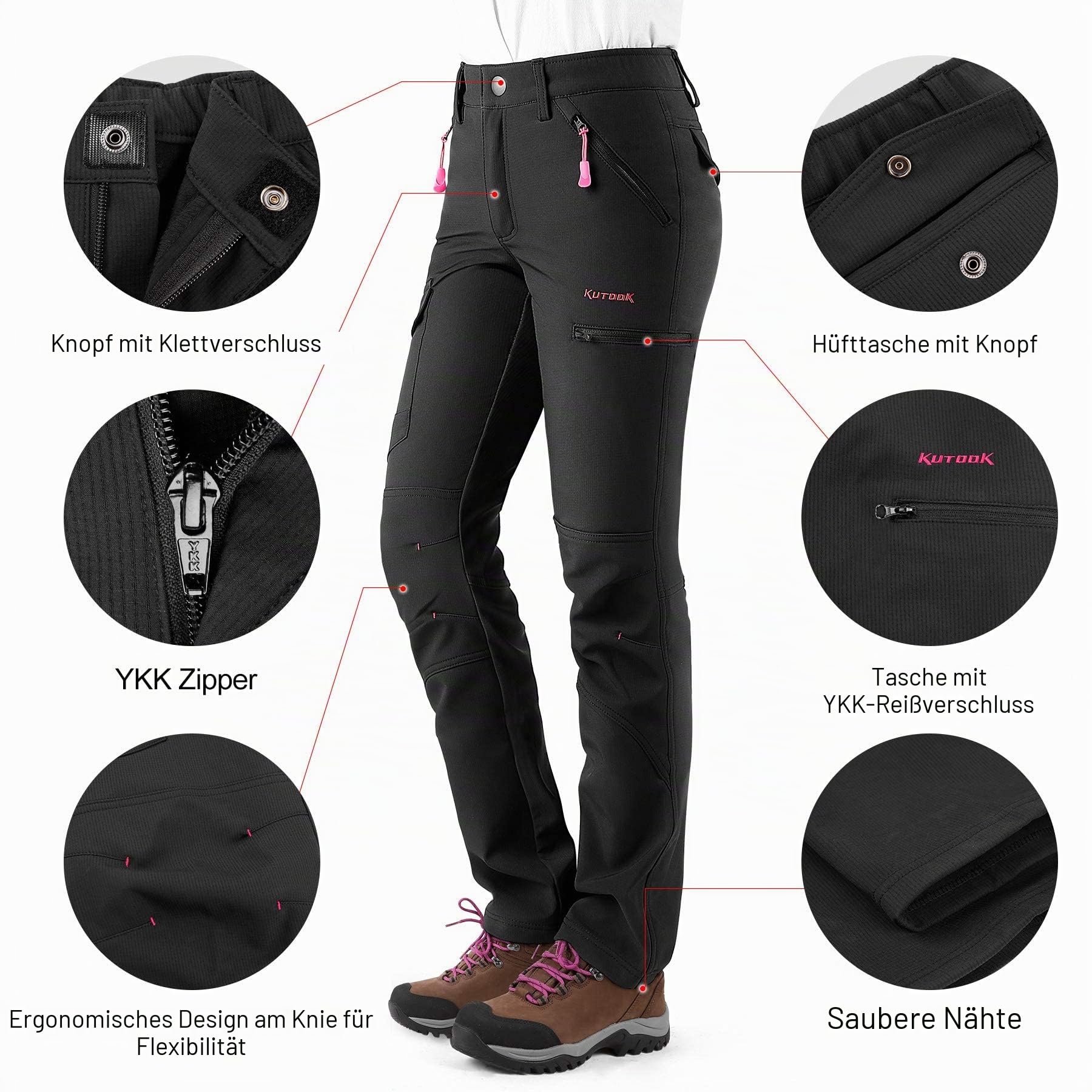 KUTOOK Wanderhose Damen Winter Gefüttert Warm Wasserabweisend Winddicht Outdoorhose 6 Taschen YKK Reißverschluss Softshellhose Trekkinghose Schwarz HP312