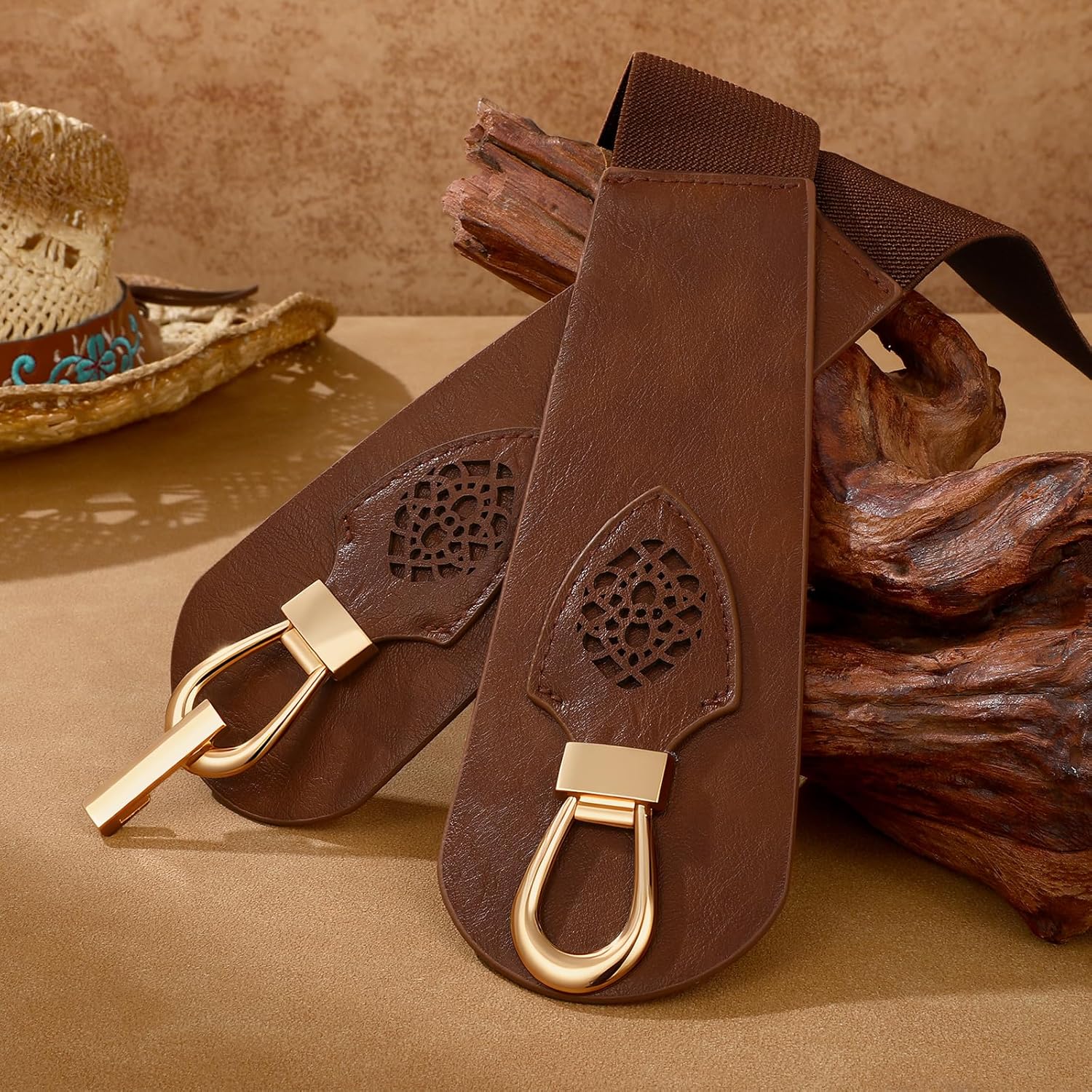 Womens Western Wide Waist Belt for Dress Vintage Stretchy Elastic Belt with Chunky Gold Buckle - Image 3