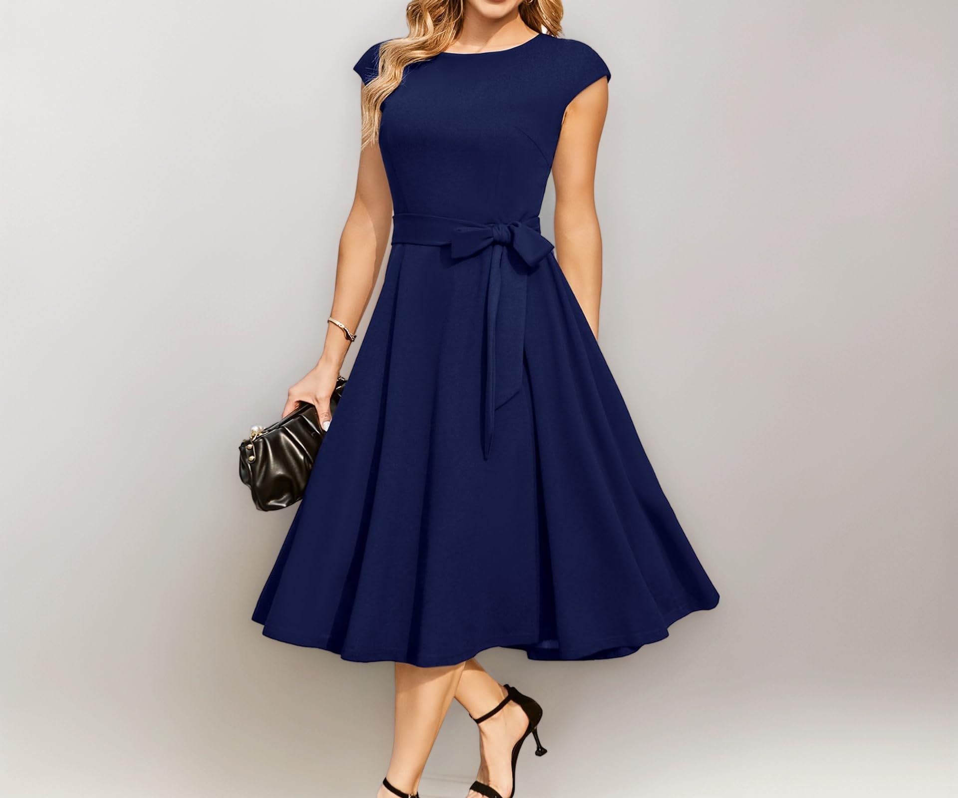 DRESSTELLS Women's Cocktail Dresses, Formal Wedding Guest Modest Church Vintage Tea Party Midi Evening Dress, Navy, Large