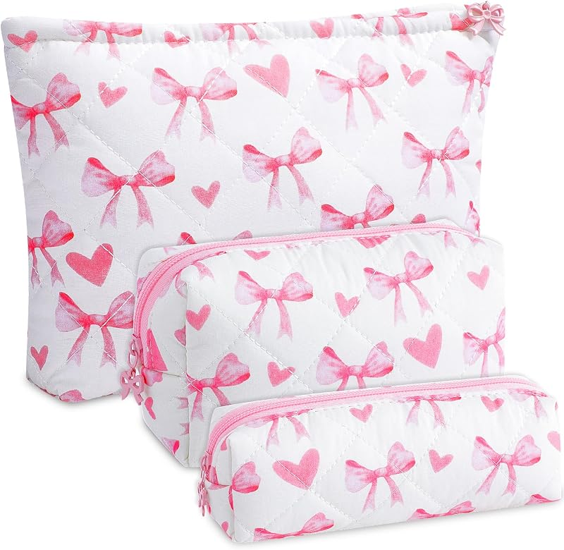 Paterr Conjunto com 3 Necessaires de Maquiagem em Algodão Matelassado com Laço, Estampa Floral e Cor Sweet Color