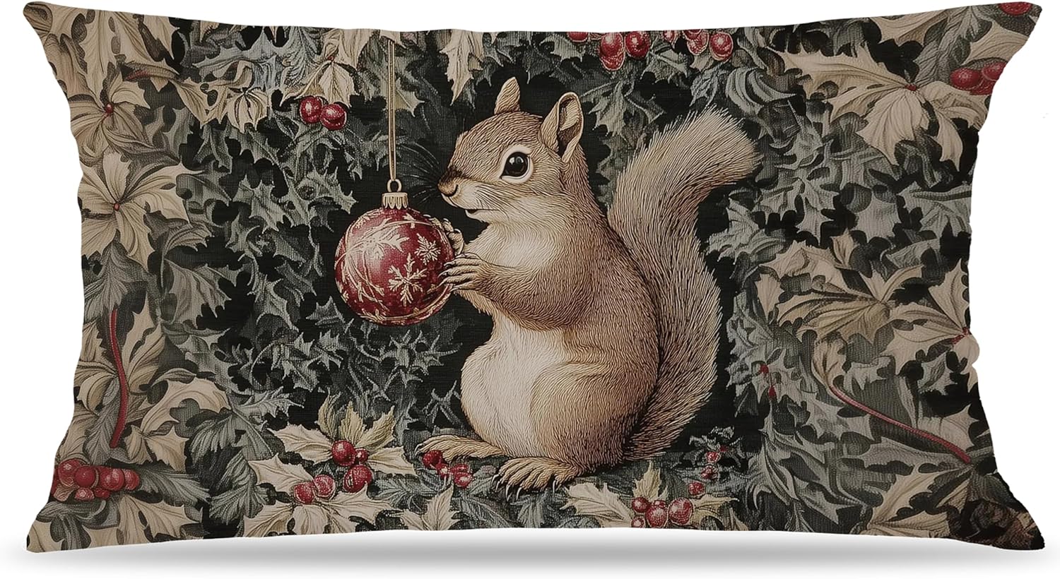 Vintage Christmas Botanical Squirrel Pillow Covers 12x20 Double-Sided, Dark Cottagecore Christmas Red Ball Berries Cute Squirrel Decorative Throw Pillow Covers for Home Bedroom Living Room