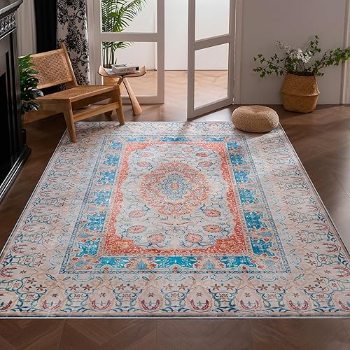 Miniatura 1 de YIHOUSE Alfombra azul, lavable, de 5 x 7, antideslizante, vintage, para sala de estar, estilo bohemio, con medallón, oriental para dormitorio,