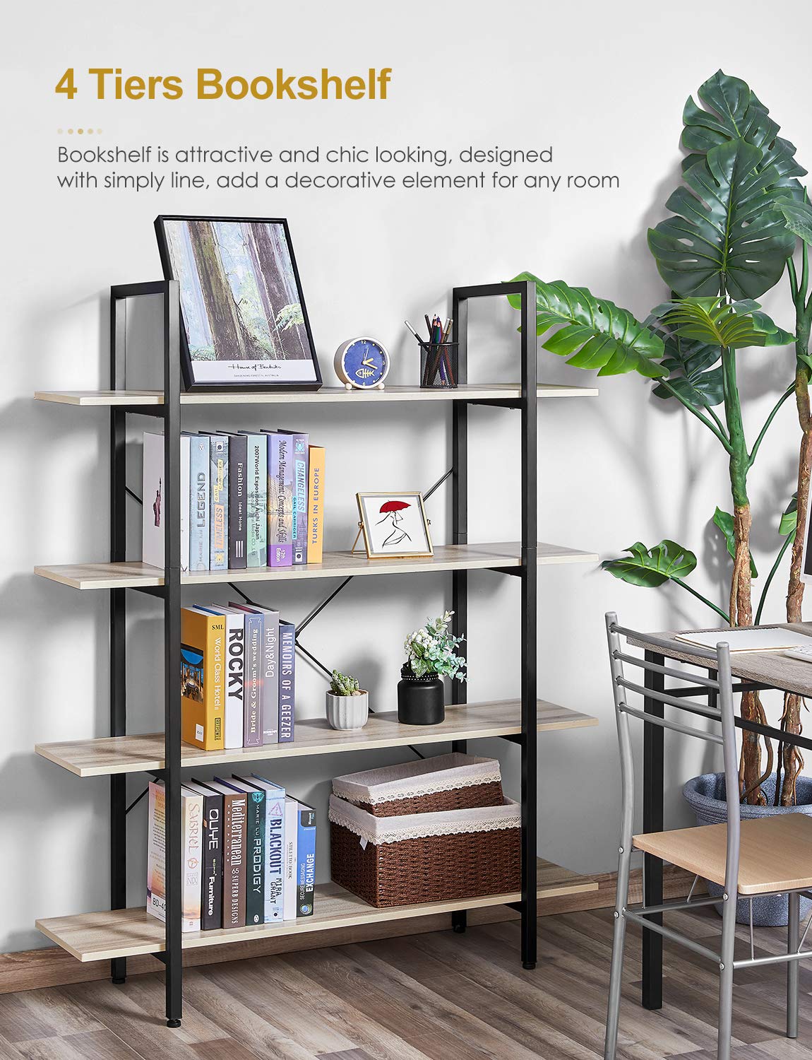 Buy Bookshelf Vintage Industrial 4 Tier Bookcase Solid Wood and Metal