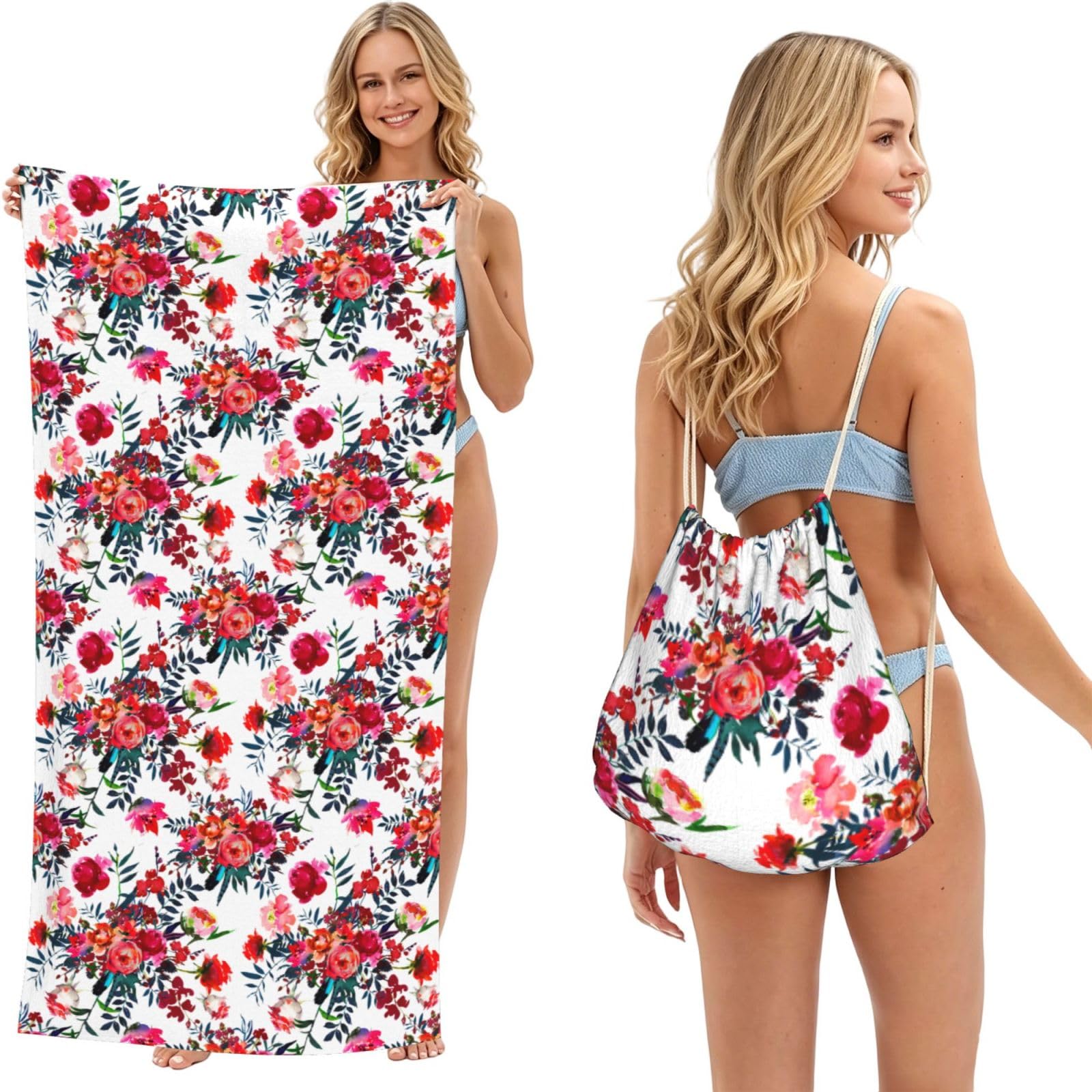 Poadnly As Picture Floral Bright Chic Red Navy Bouquets, 2 In 1 Packable Towel Bag, Beach Towels With Drawstring Backpack For Travel Holiday Camping