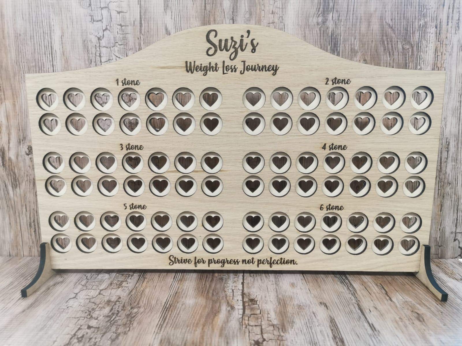 FSSS Ltd Personalised oak wooden Weight loss motivational chart - any name - any quote - 1-10 stone slimming new start diet gift (Wall hanging, 2 Stone)