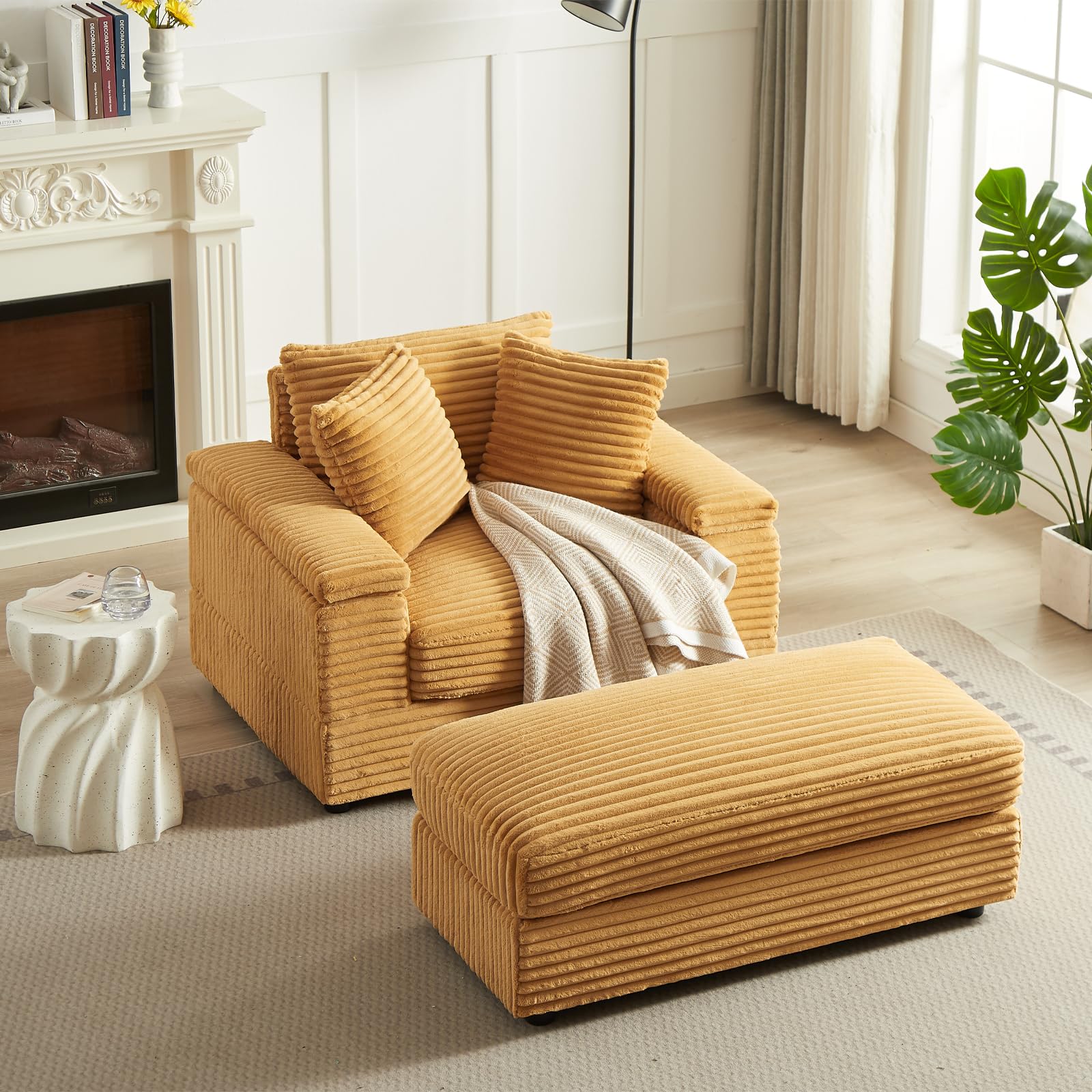 Oversized Chaise Longue Indoor, Comfy Thicked Upholstered Pad Lounge Chair with Ottoman, Soild Wood Sleeper Reclining Chair, Corduroy Deep Seat Couch for Living Room(Yellow, 1 Seat)