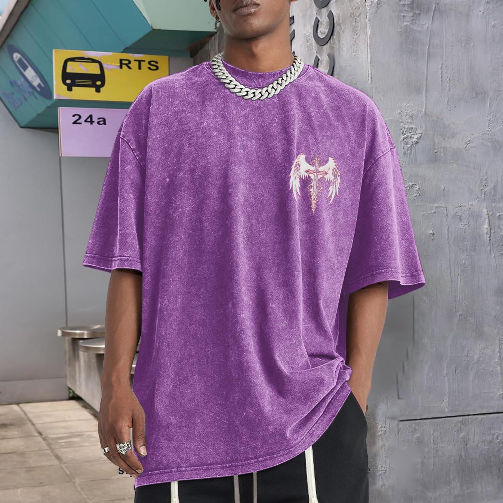 Vintage Goth Punk Shirts for Men Grunge Streetwear Oversized Tshirts Gothic Cross Y2k Graphic Tees Acid Wash T Shirt: Purple Small