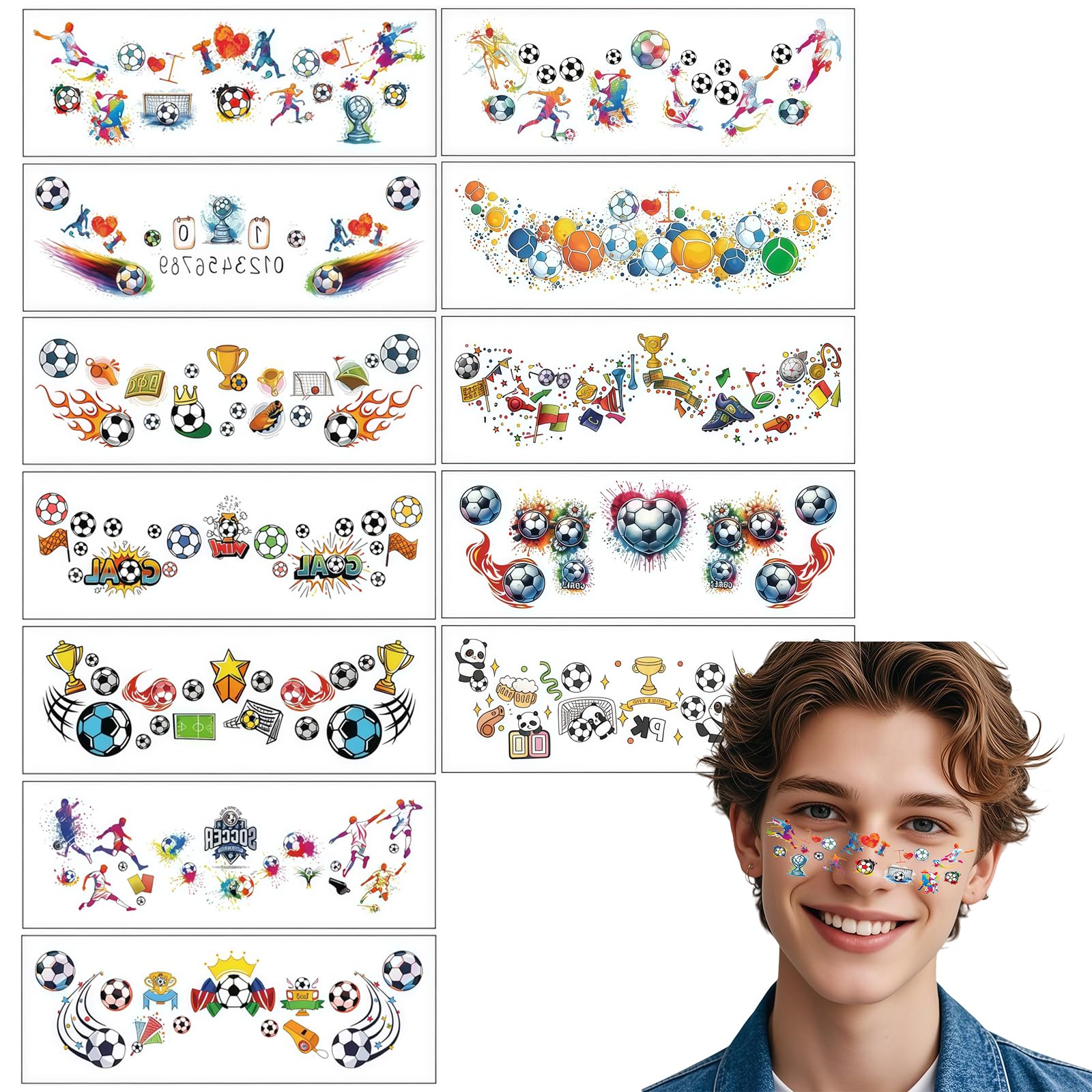 12 Sheets Temporary Tattoo for Kids,Football Face Tattoo Stickers,Waterproof Soccer Cartoon Fake Tattoo Stickers Set for Teens Boys Girls Birthday Fake Tattoo Gift Party Bag Filler
