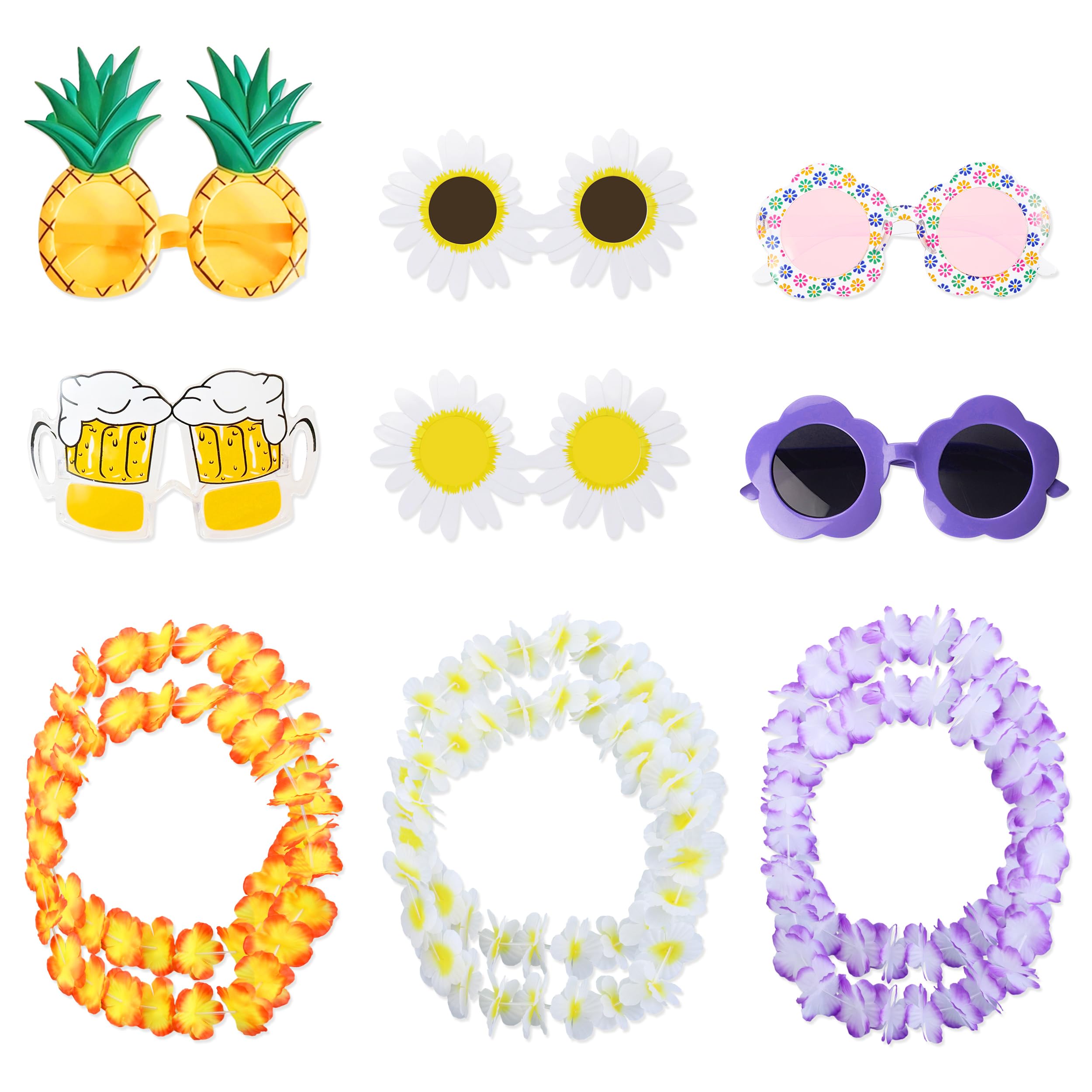 Gafas de Fiestas Hawaianas, 6 Gafas Hawaianas con 6 Cadenas de Flores Hawaianas, Gafas Divertidas de Sol Tropicales para Decoración de Fiesta Hawaiana y Fiesta de Verano para Adultos