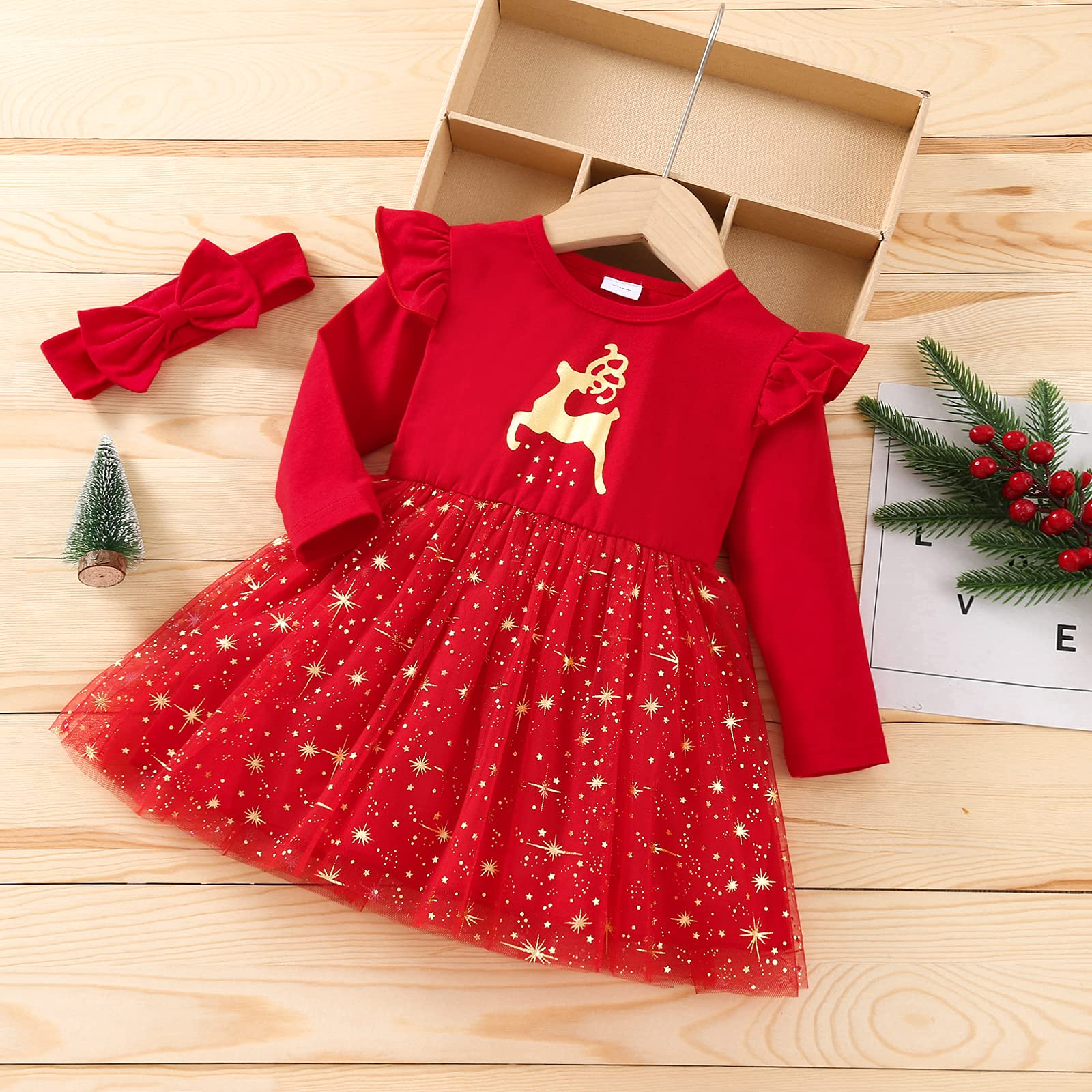 Toddler Infant Baby Girls Valentines Day Dress Long Sleeve Heart Print Princess Tulle Tutu Dress Valentine's Day Outfits (Reindeer Golden,3-6 Months)