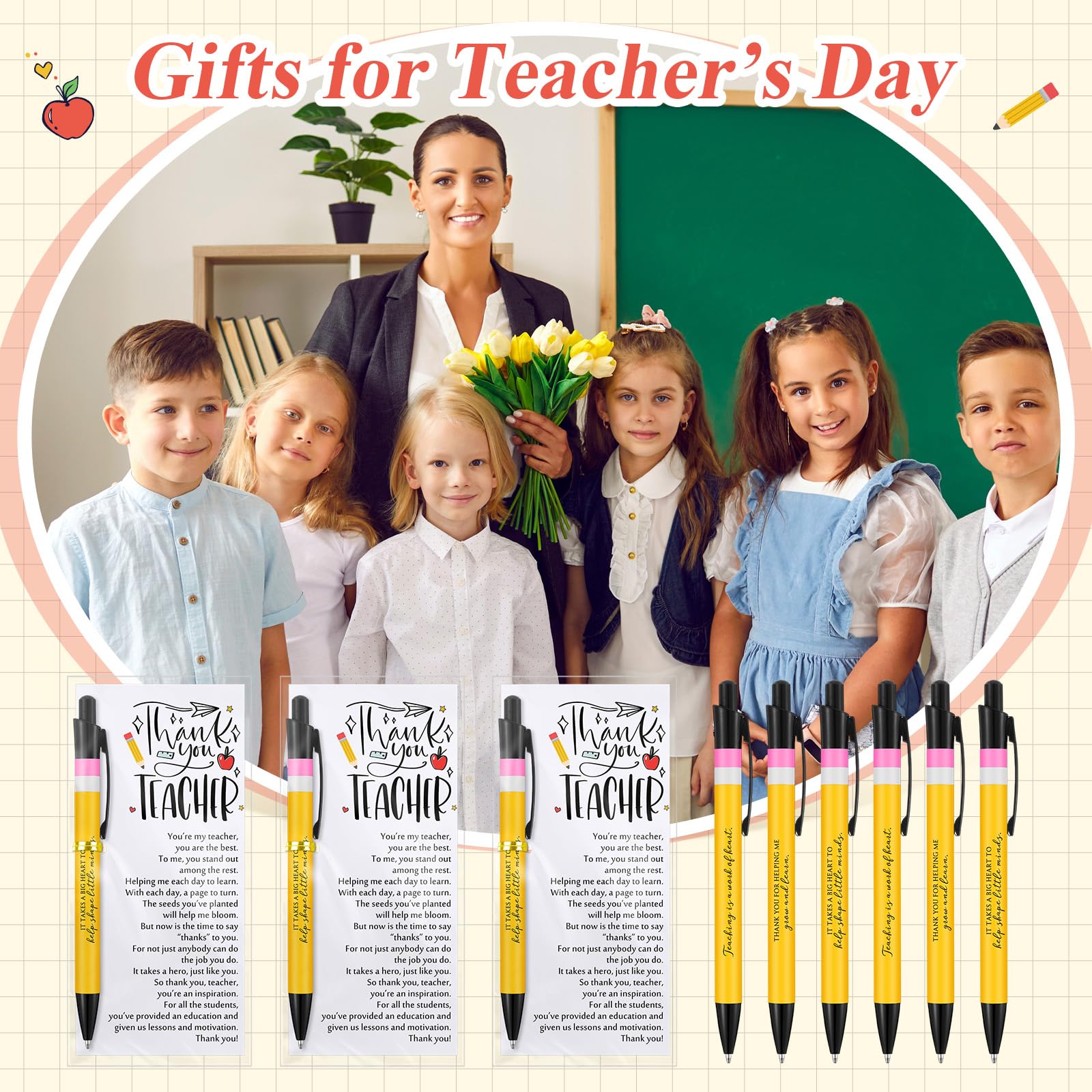 Sayglossy 30 Sets Lehrer-Wertschätzungsgeschenke, Dankes-Kugelschreiber, 3 Stile, inspirierende Wertschätzungsstifte, Geschenkkarten mit Taschen, Krawatten, Lehrergeschenke für Geburtstag, Lehrertag