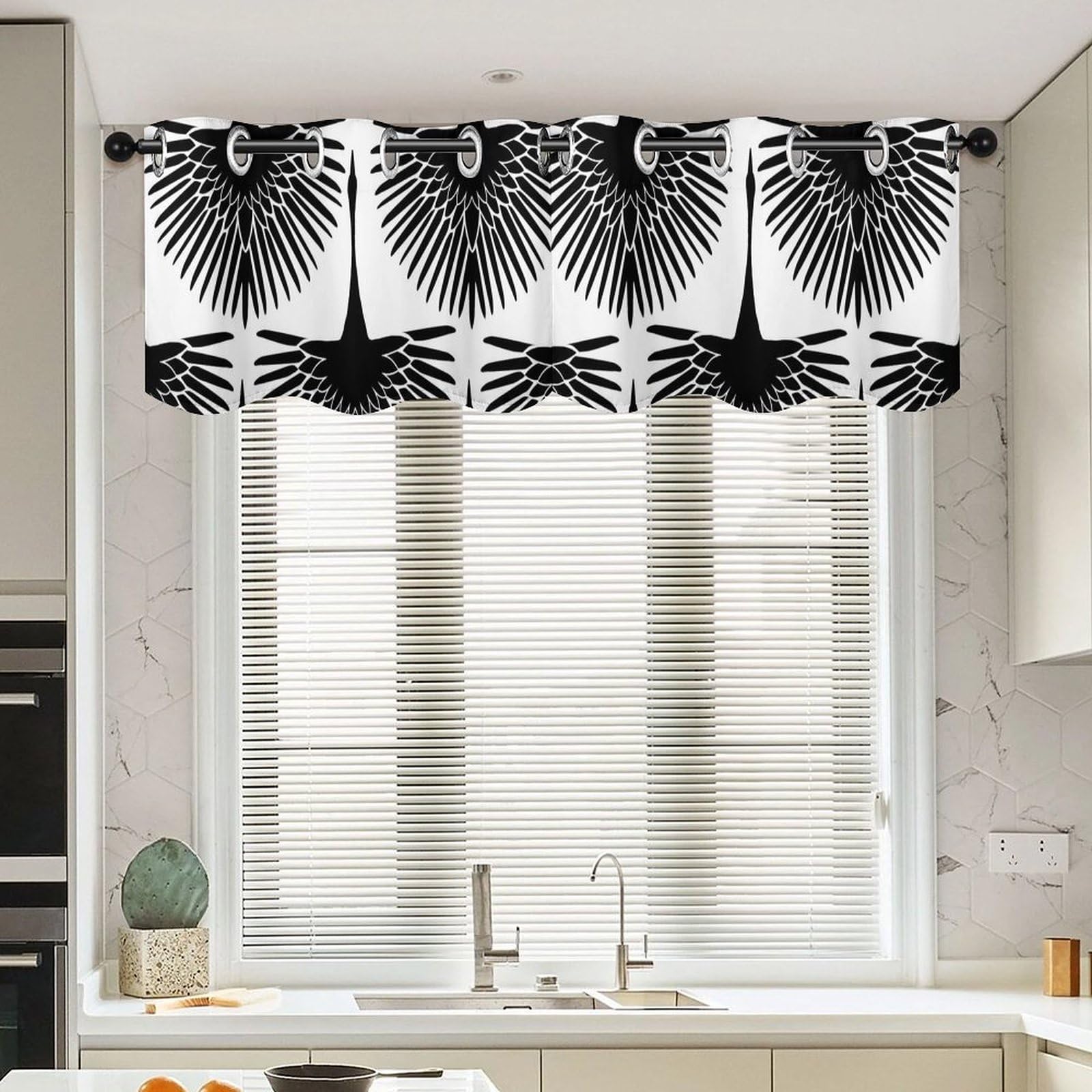 Cantonnière de fenêtre asiatique et rideau décoratif oiseaux noir et blanc