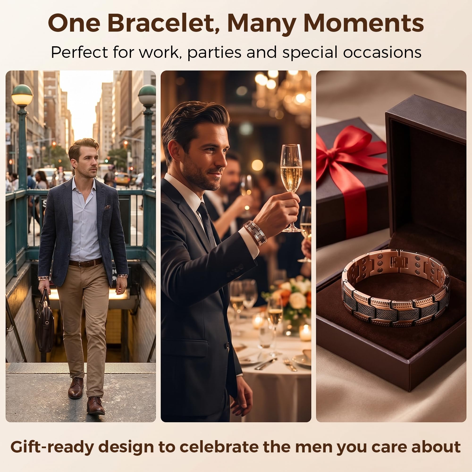 BOYUNSHI Bracelet en cuivre pour homme - 3 rangées de bracelets magnétiques ultra puissants - Design masculin breveté - 99,99 % - Bracelet magnétique en cuivre pur - Longueur réglable avec outil de
