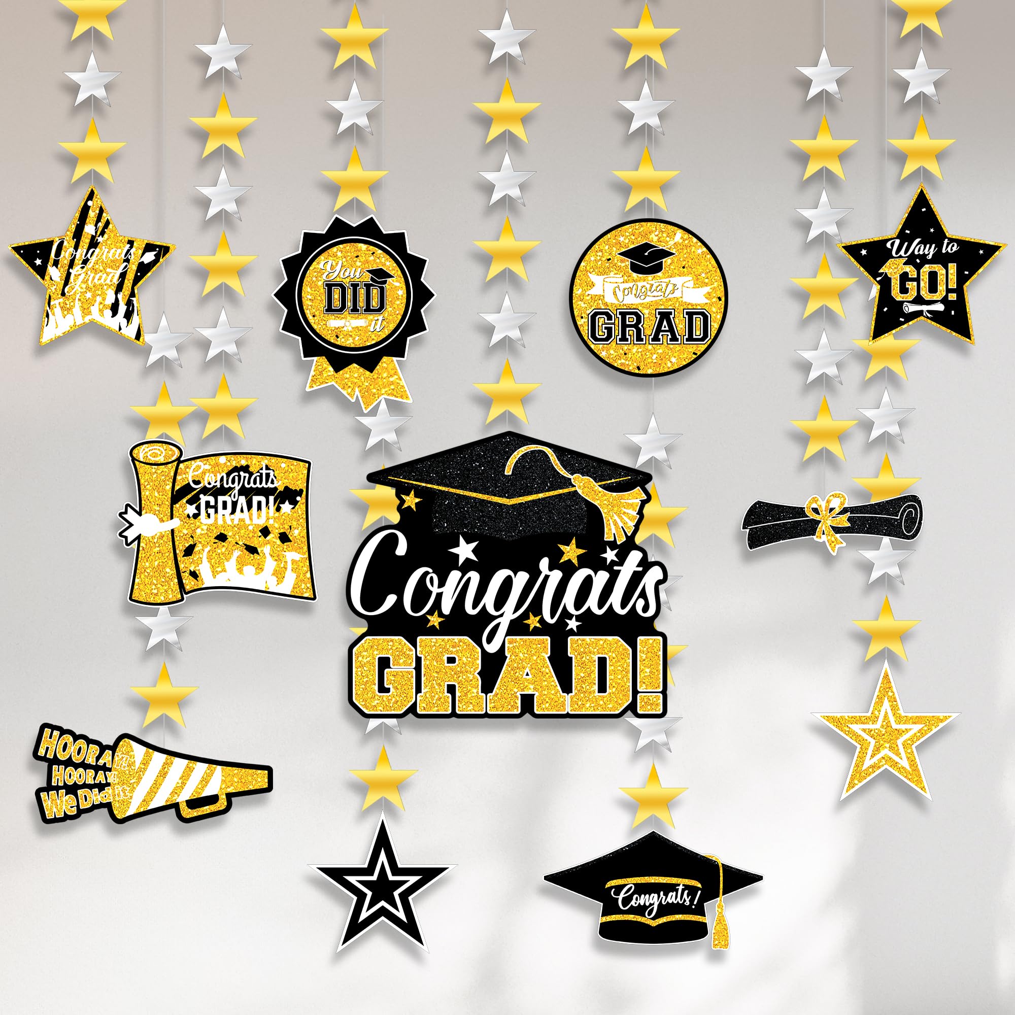 KatchOn, Grad Cap Garland-12 Strings, No DIY | Hanging Swirls, Black and Gold 2026 Graduation Decorations | Graduation Cap Decorations for Congrats