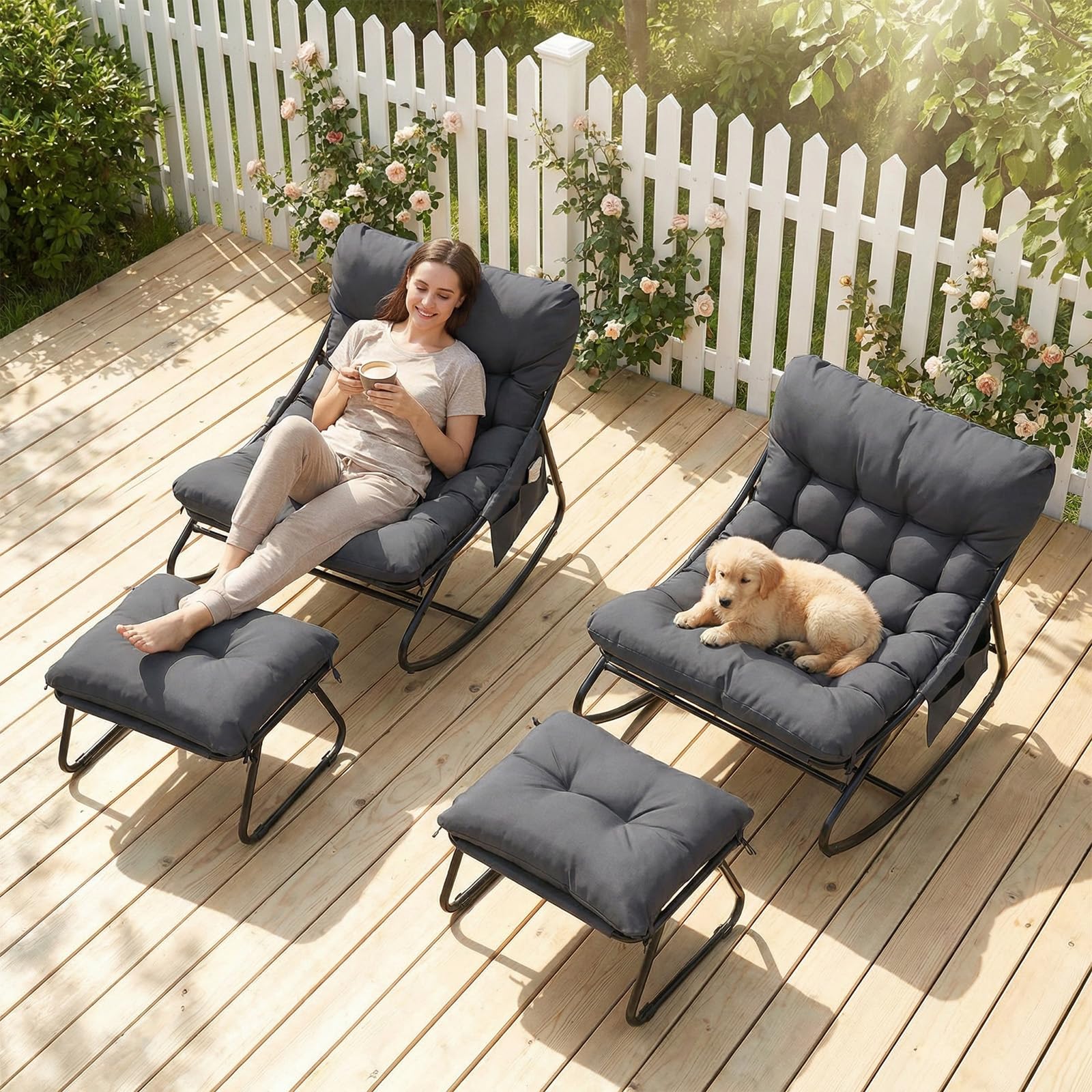 LIFERUN Schaukelstuhl mit Hocker, Patio Schaukelliege, Waterproof, 1 PCS | Schaukelsessel mit Gepolsterter, bis 150 kg Belastbar, für Garten Balkon Wohnzimmer Hof Schlafzimmer Terrasse, Grau