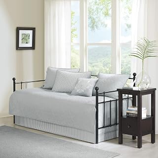 Madison Park Quebec Grey 6-Piece Reversible Daybed Cover Set - Double-Sided Quilting, Cotton Fill, Bedskirt, Shams & Pillow, 39x75 All-Season Bedding