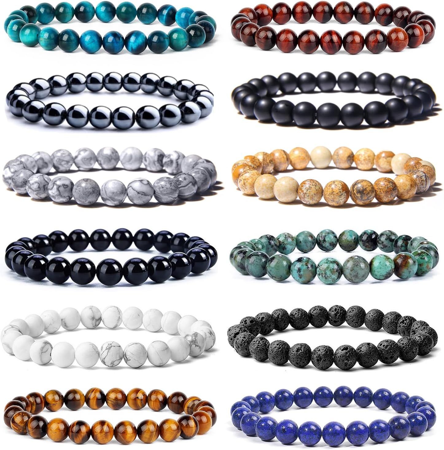 SAMOCO 12Pcs Tiger Eye Bracelet For Men 8MM Natural Stone Beads Bracelet Set Stretch Lava Rock Bracelets Adjustable Black Crystal Beaded Bracelet for Men Women Gifts