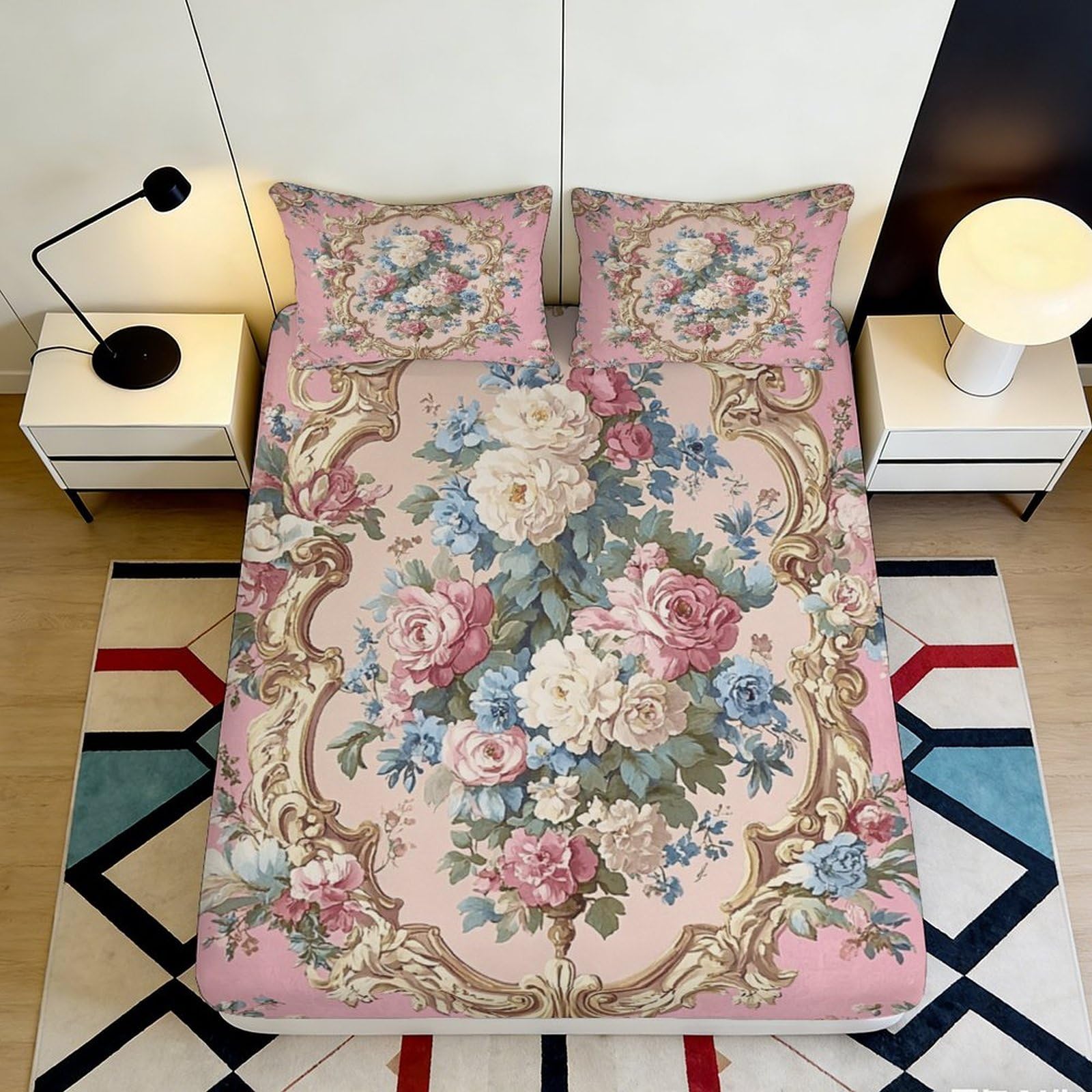 3D Printed vintage floral Fitted Sheet, Microfiber soft touch, wrinkle resistant, guest room bedding décor, slip-resistant, washable bed cover, UK size 180x200x25cm