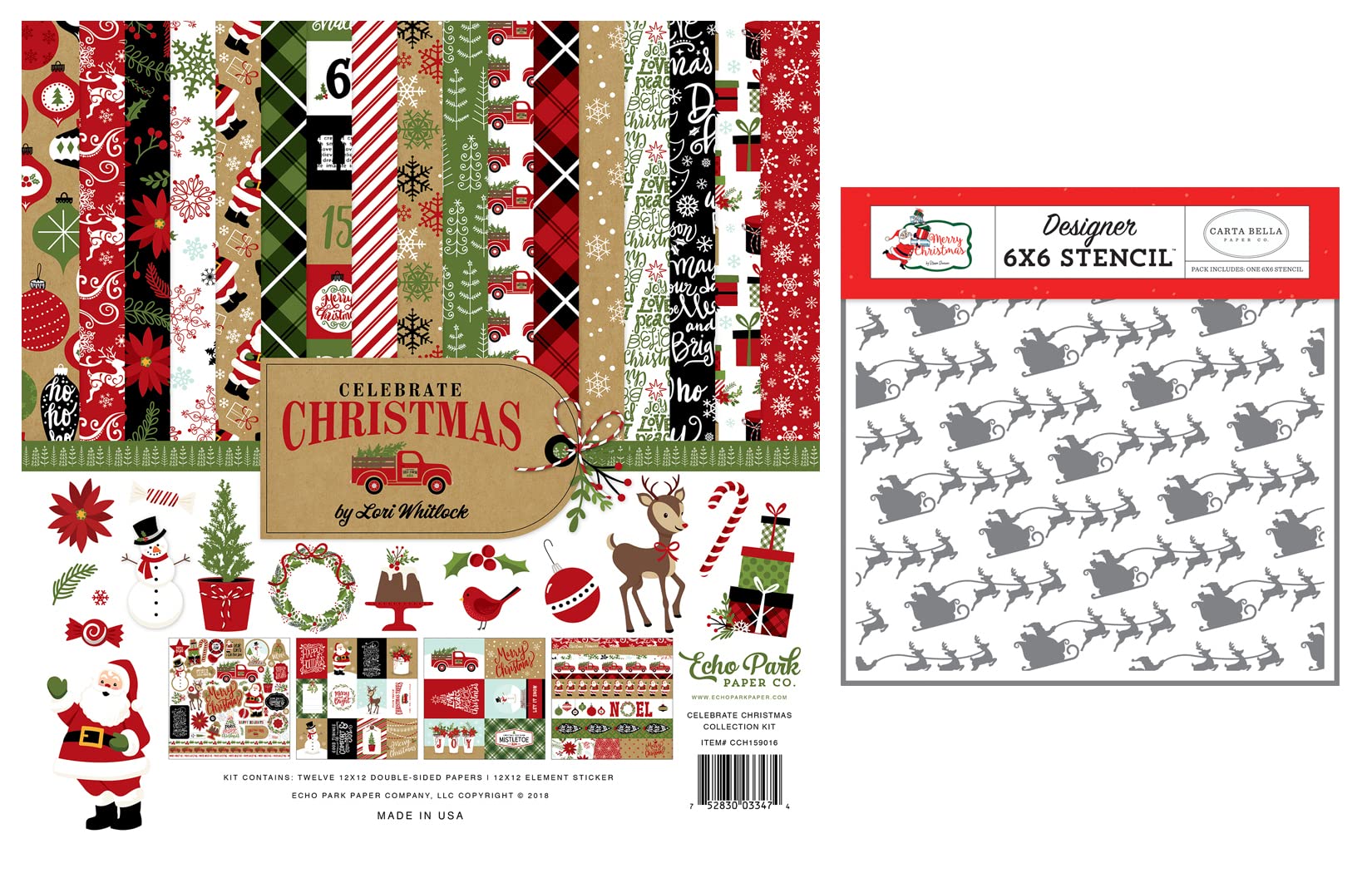 Echo Park Celebrate Christmas Collection Kit - 12x12 Patterned Papers & Sticker Sheet plus 6x6 Stencil