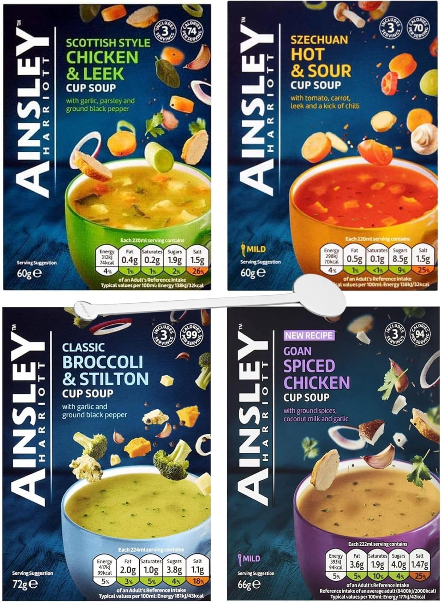 Ainsley Harriott Cup a Soup Multipack 4 boxes Assorted Flavours | Scottish Style, Szechuan, Classic Broccoli, Goan Spiced Chicken + Uplabel Limited 6-inch Stirrers