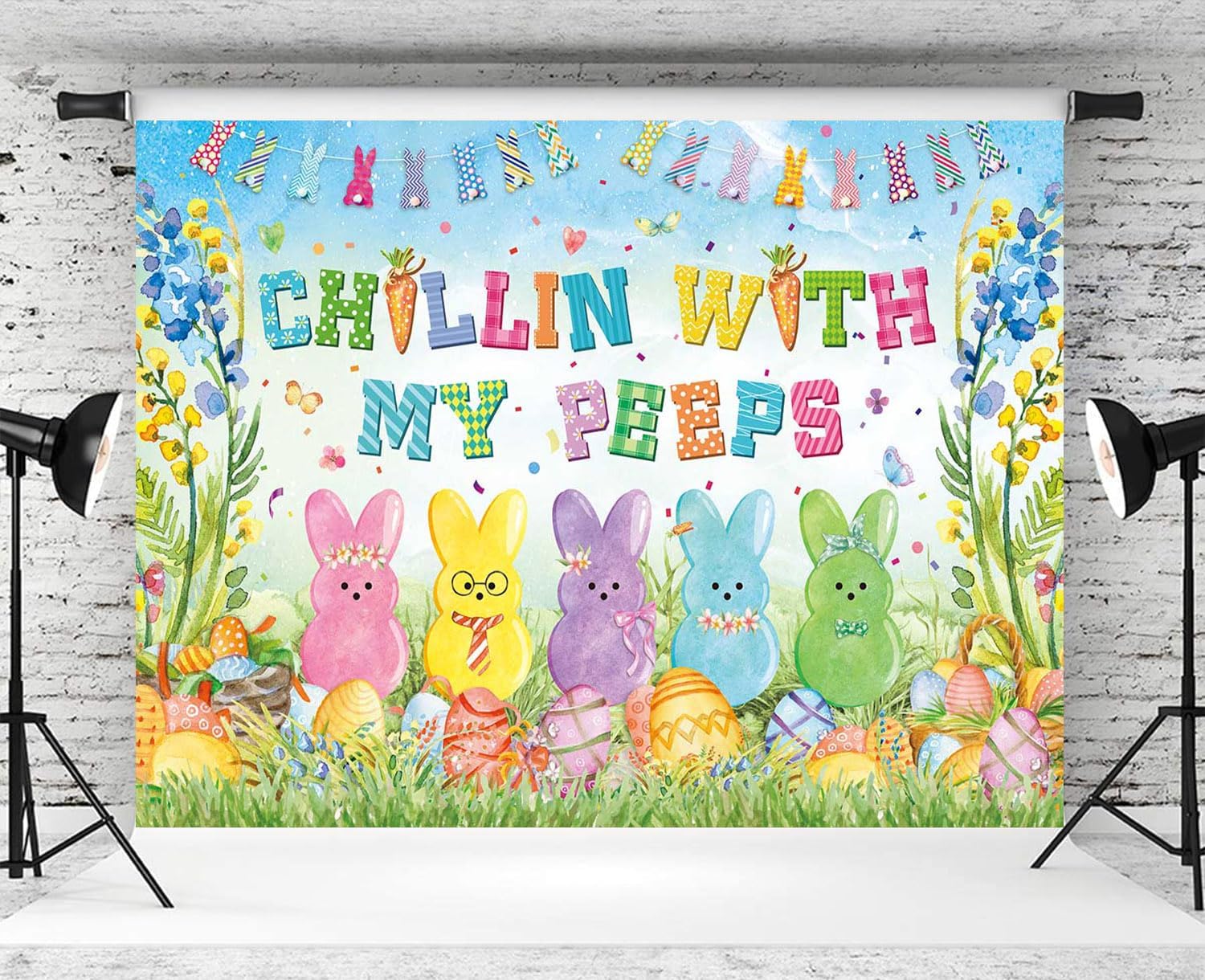 Easter Bunny Backdrop Spring Bunny Chillin with My Peeps Photoshoot Background Happy Easter Eggs Party Decor Banner Booth Props (82x59inch(7x5FT))
