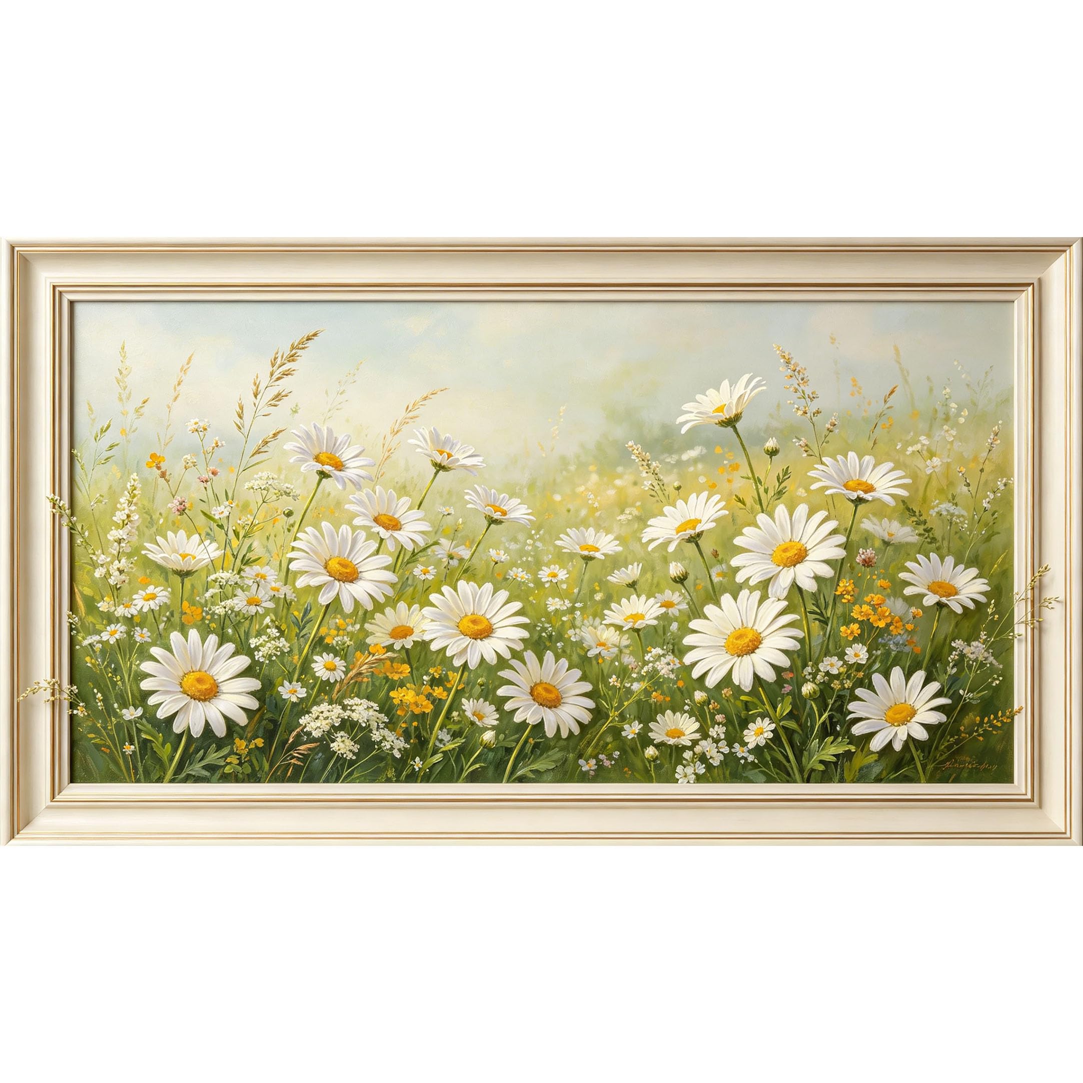 QZLITHOTIC 50x90cm3D Framed Wall Art， Botanical Daisy Meadow Landscape Self‑Adhesive Mural， Water‑Activated Peel & Stick Fabric Decor Wall Decal for Bedroom Living Room