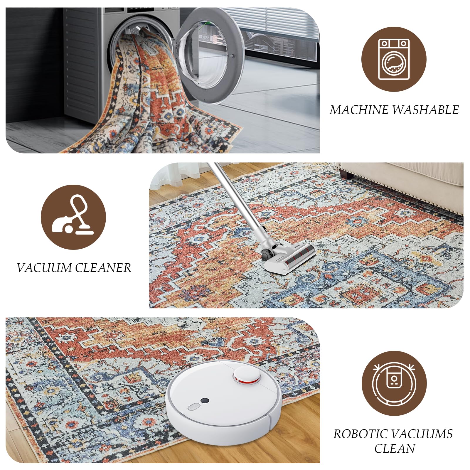 VKÂ·LIVING Washable Rug 5x7 Non-Slip Vintage Area Rug Lightweight Low Pile Machine Washable Rug Stain Resistant Large Rug Soft Throw Rug Thin Rug for Living Room Bedroom Dining Room Floor, Multi