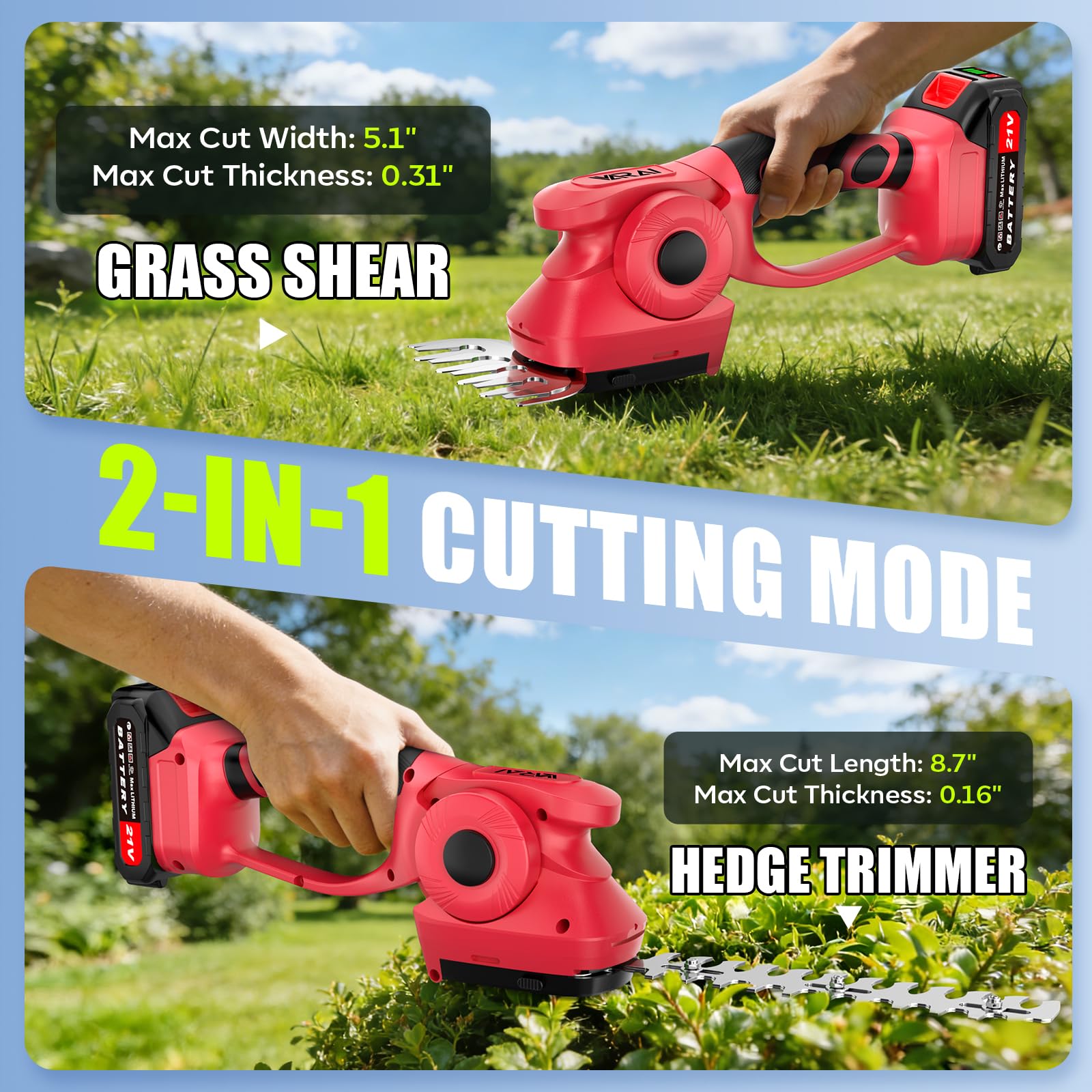 Supleap 2-in-1 600W 21V Cordless Hedge Trimmer, Red view 3