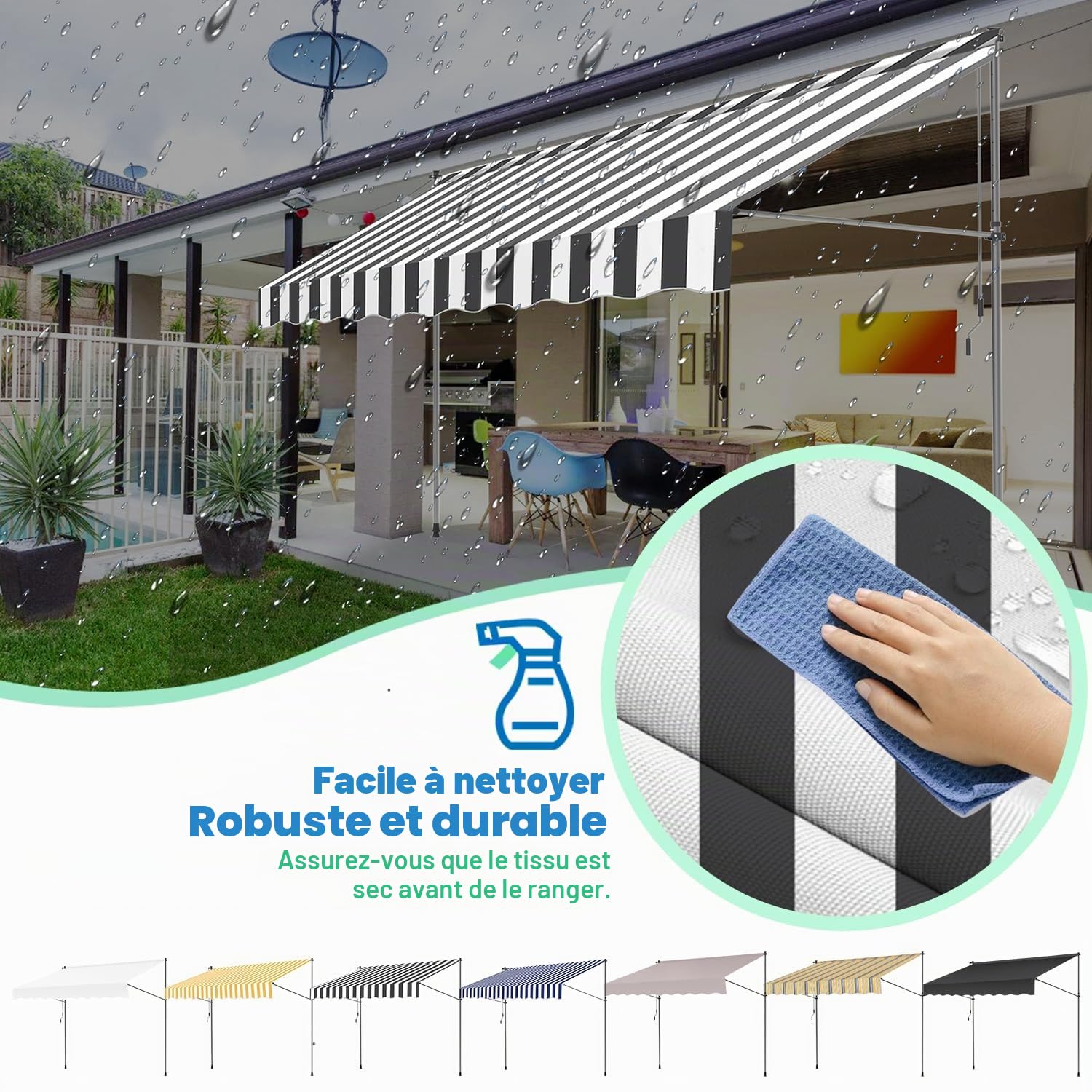Ikodm Store Banne Manuel, Auvent Rétractable avec manivelle 400 x 120 x 200-300 cm sans perçage - Résistant aux UV - Réglable en Hauteur - Protection Solaire - Imperméable - Montage Facile