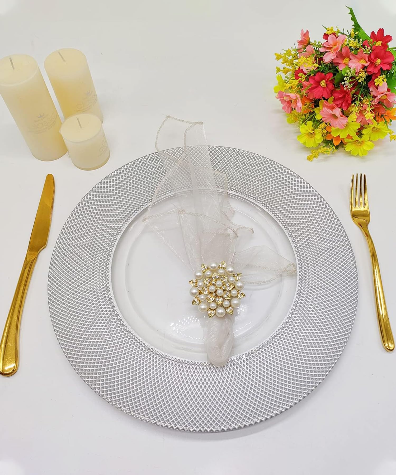 Elegantes platos de cristal plateado con 12 servilleteros martillados – 33 cm diseño a cuadros para servir bodas, fiestas, cumpleaños, eventos y decoración de mesa, juego de 6