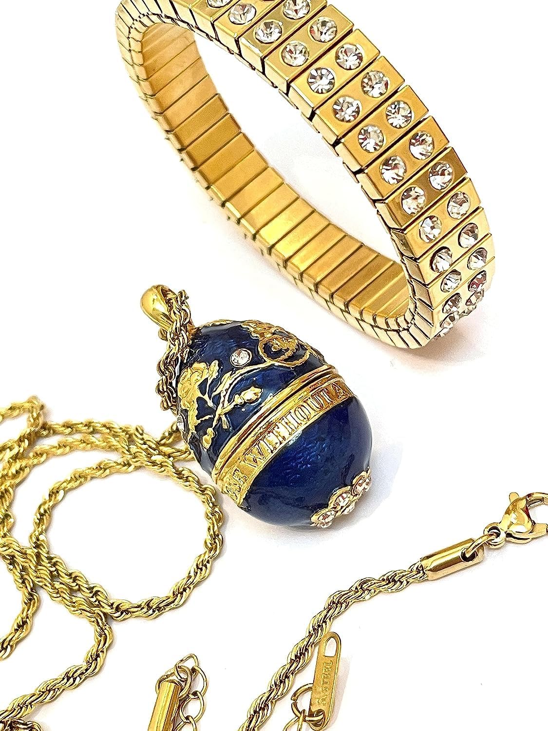 pierre lorrenLuxury Sapphire Blue Imperial Egg Jewelry gift for her HANDMADE Egg Pendant style Necklace 24kGold Decor & DESIGNER Bracelet 96 Austrian Crystal HANDSET egg Gold Wedding Engagement gift