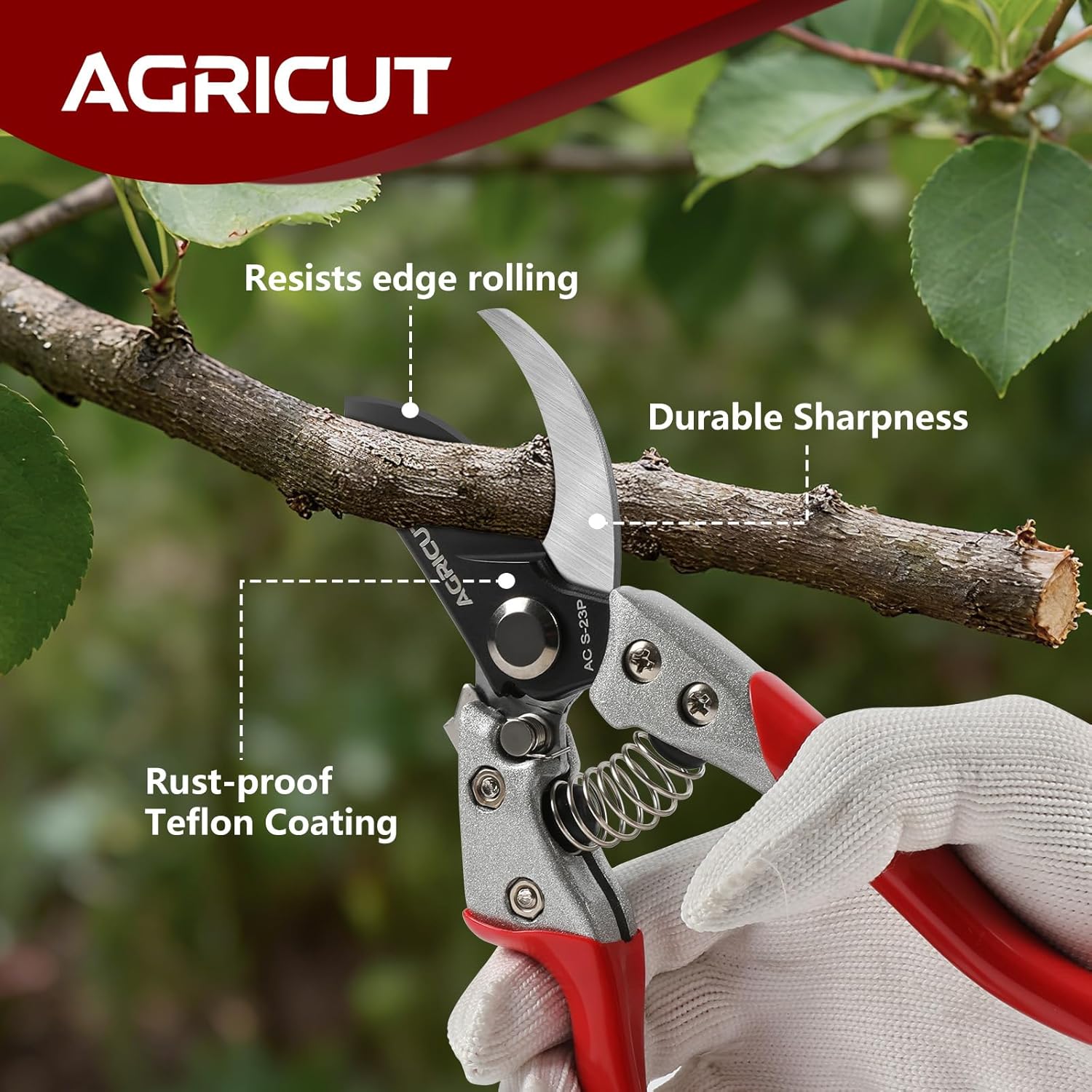 AGRICUT Pruning Shears, 7/8-Inch Cut Capacity Hand Clippers, Bypass Pruners, Gardening Scissors with Sharp Steel Blade (Aluminum Handle, High Carbon Steel)