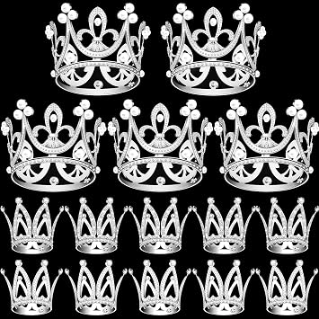 15Pcs Crown Cake Topper, Mini Silver Crowns Cupcake Toppers for Flower Arrangements, Small Crystal Pearl Crowns for Baby Shower Birthday Party Wedding Decor