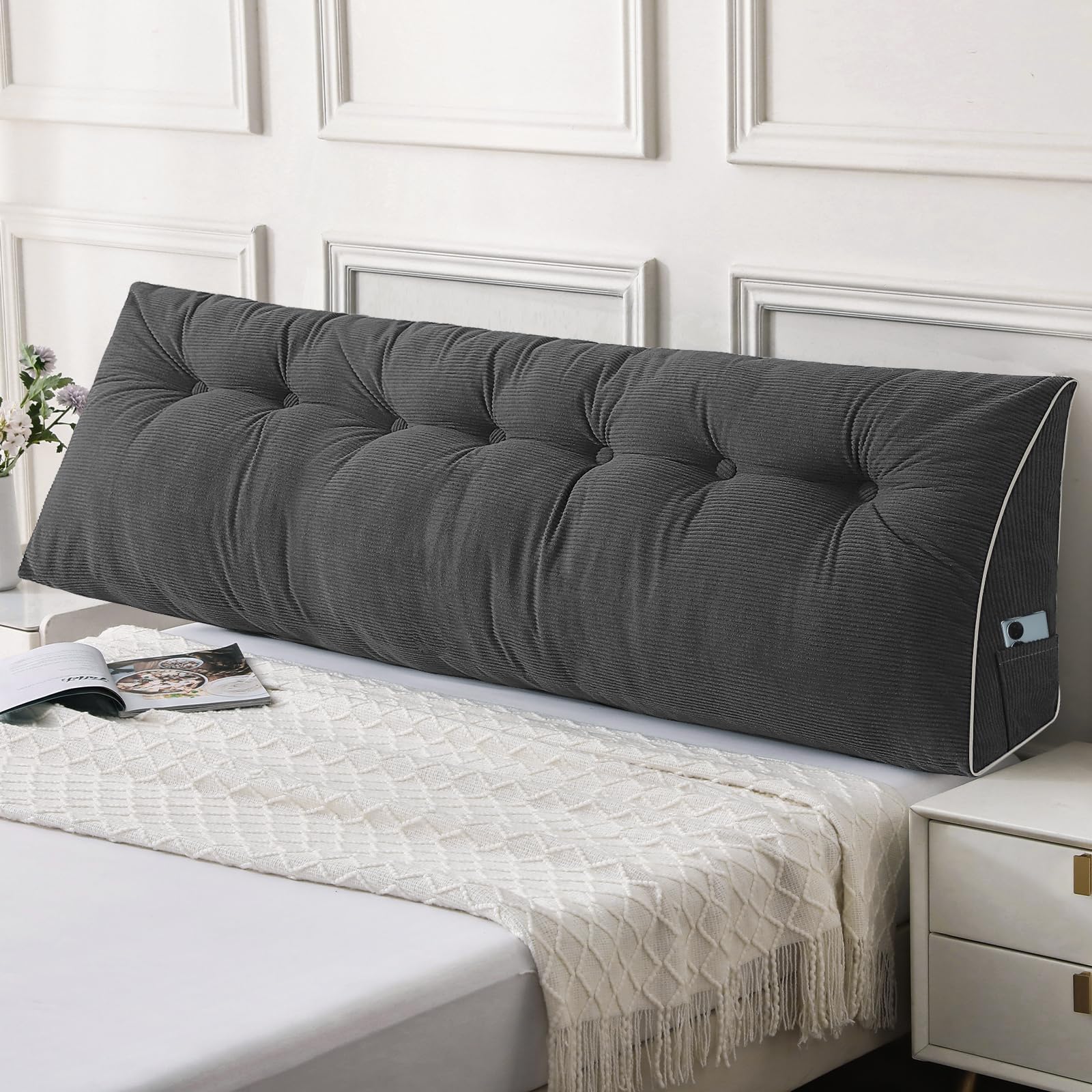 Sasttie Headboard Pillow King, Wedge Pillow Headboard for Sitting Up in Bed, Back-Rest Support Triangular Cushion for Reading - Features Removable