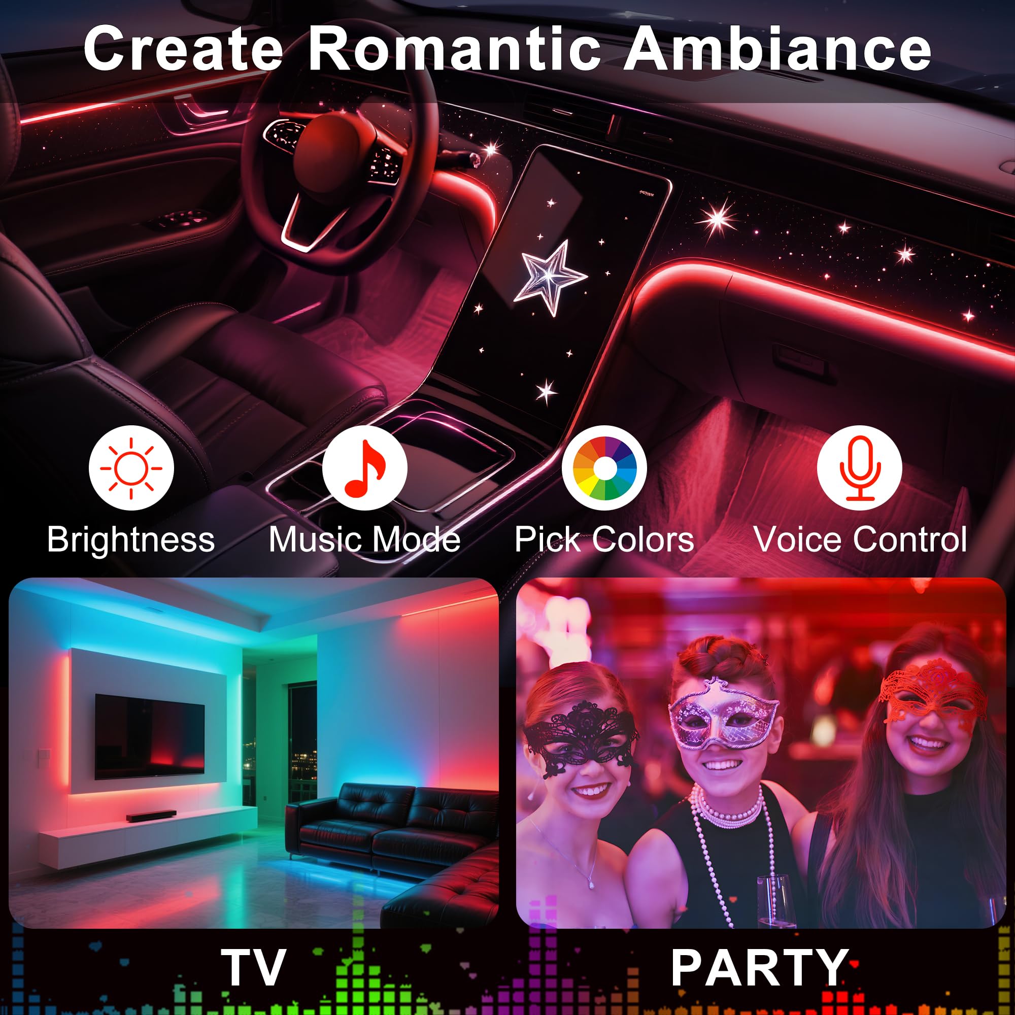 Interior Car LED Lights Wireless APP Control 5 in 1 RGB Ambient Lighting Kit with 236" Fiber Optic, 16 Million Colors Music Sync Waterproof LED Strip Lights for Cars Trucks SUVs Auto Interior Decor