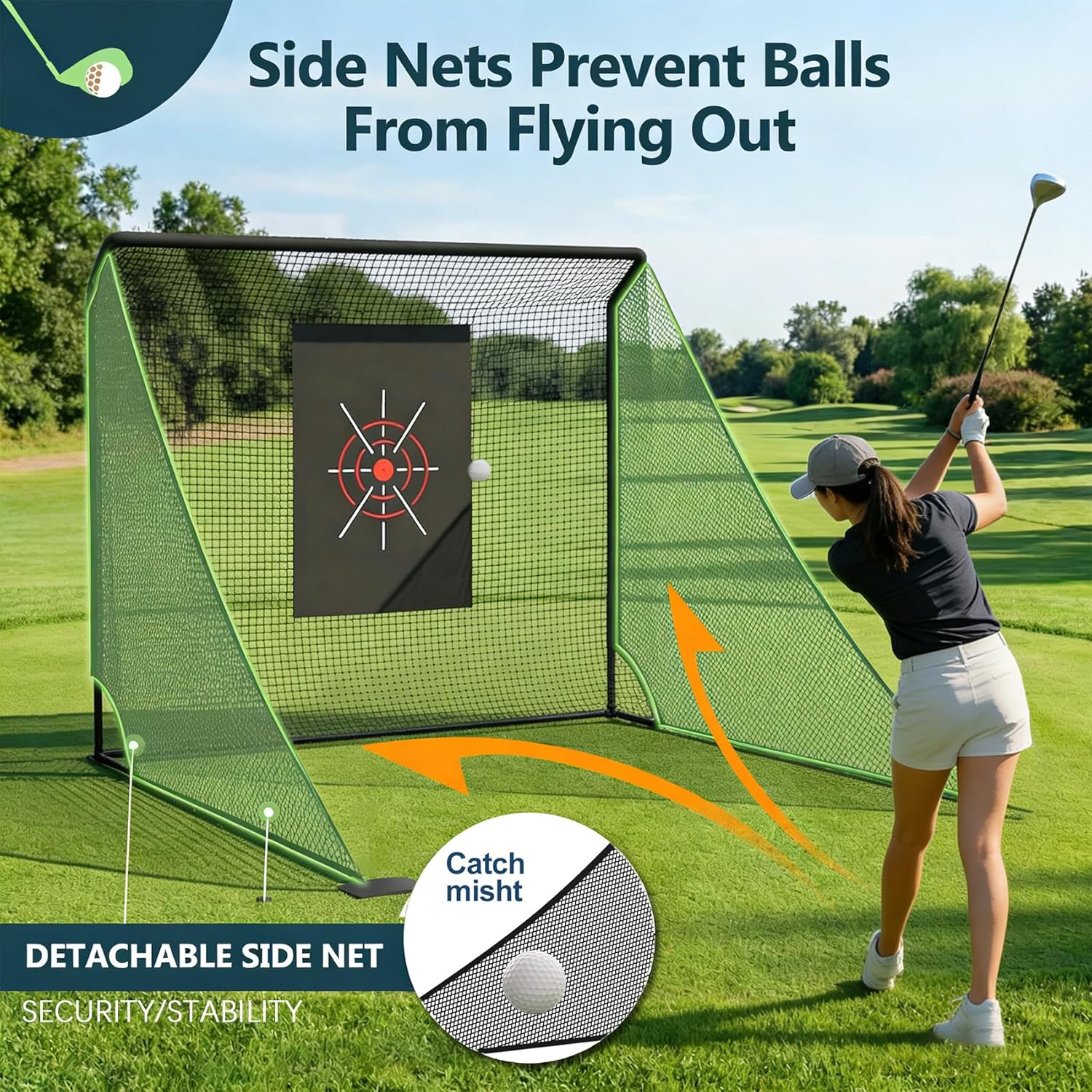 10x7ft Golf Net for Backyard Driving Real Golf Balls, Sturdy Practice Screen with Side Barriers, Hitting Systems and Mat Set, Garage Simulator Cage, Ideal Father's Gift, Black