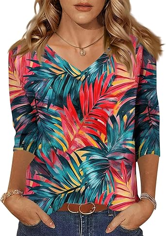 HTHLVMD Womens 3/4 Length Sleeve Tunic Tops Summer Fall Outfits 2025 Three Quarter Sleeve Casual V Neck T Shirts for Women