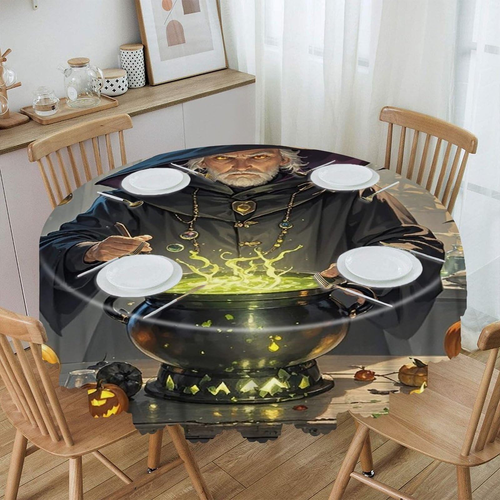 FekiLoot Magic Pumpkin Night Round Tablecloth 60 Inch Waterproof Heavy Duty Table Cloth Spillproof Washable Table Cover Wrinkle Resistant Tablecloths Decorative Table Cloths