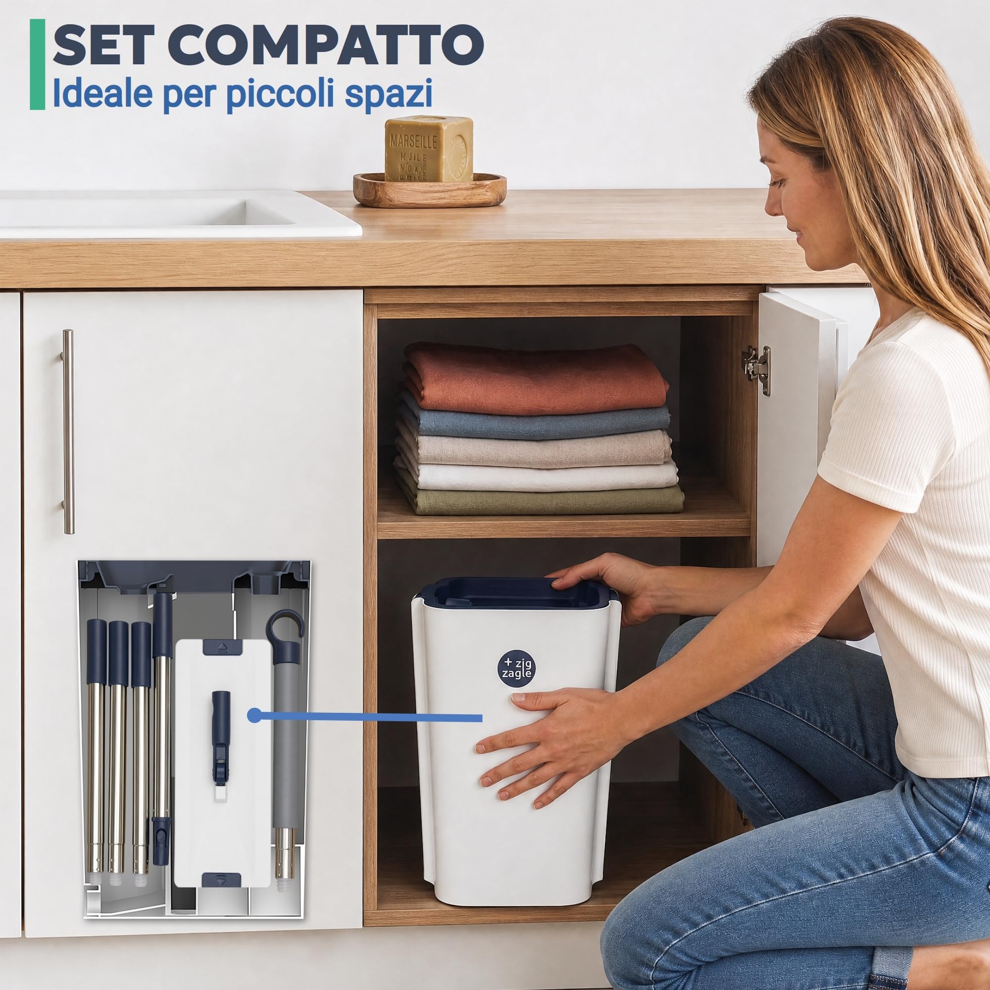Set di mocio piatto e secchio, lavapavimenti Pure Water System, Separazione Acqua Sporca e Pulita: Ultra Igienico Pulizia Facile, Mocio Piatto Microfibra, Autopulente, Secchio Strizzatore