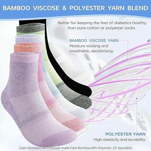 Vista 27 de Bulinlulu Calcetines de viscosa de bambú para diabéticos, 6 pares de calcetines tobilleros no vinculantes, puntera reforzada, tamaño 6-9/9-11/13-15