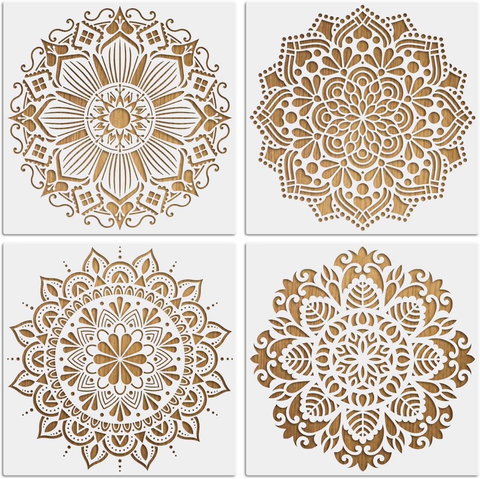 MWOOT 4Pcs Large Mandala Craft Stencils Kit, Reusable DIY Drawing Painting Template for Wood Wall Art Design, Flowers Dotting Shapes Stencils for Painting on Tile Pillows Floor Decor(30x30CM)