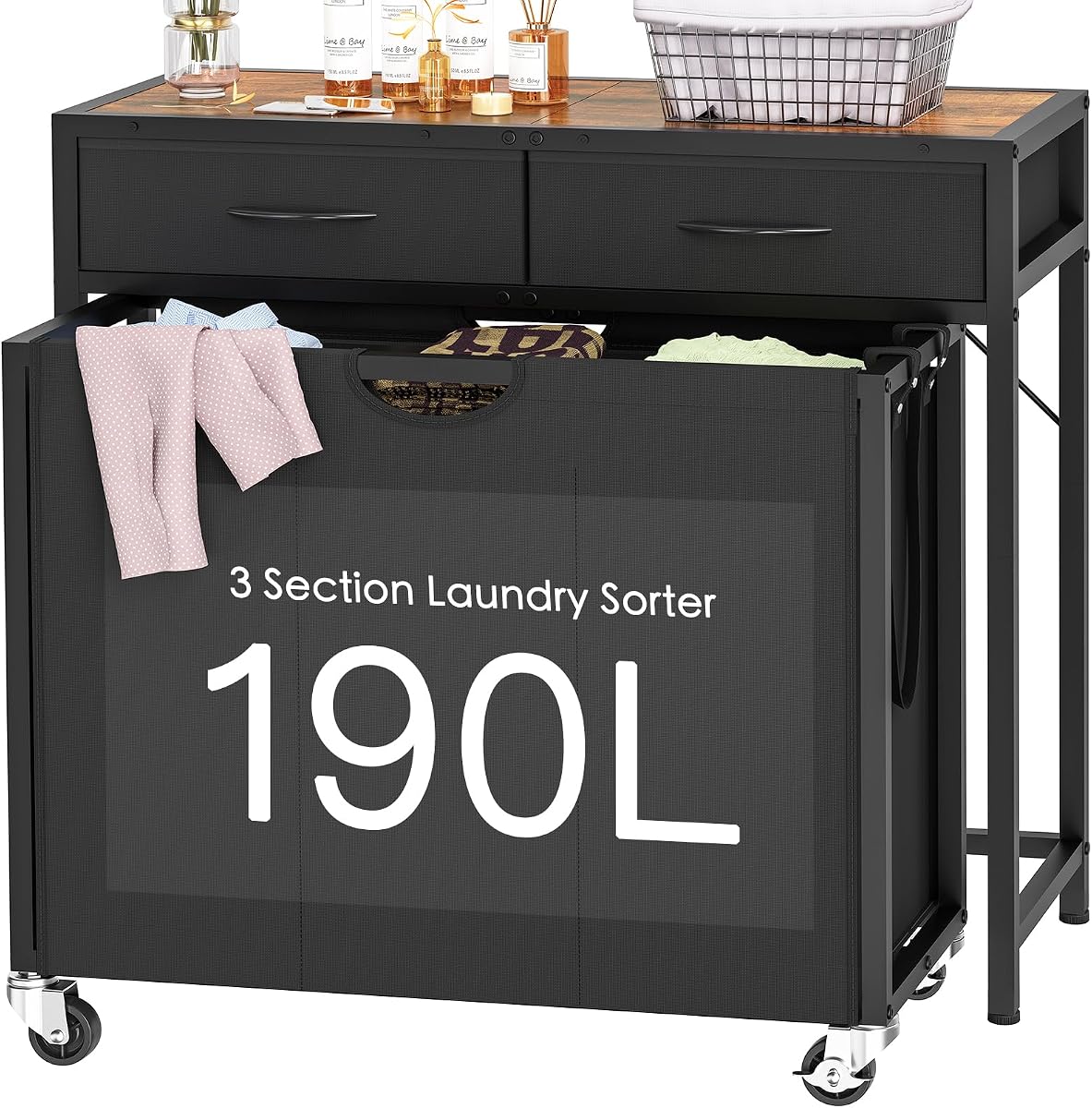 FIONESO Rolling Laundry Basket with 3 Section Pull-Out Bags, Laundry Hamper with 2 Drawers, 2-Tone Top Panel Laundry Sorter, Laundry Basket Organizer with Wheels, Laundry Room, Bathroom, Black