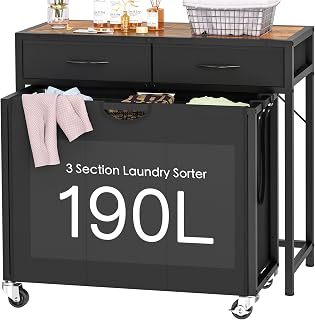 FIONESO Laundry Hamper with 2 Drawers, Rolling Laundry Basket with 3 Section Pull-Out Bags, Laundry Organizer with 2-Tone Top Panel, Laundry Hamper with Wheels for Laundry Room, Bathroom, Black