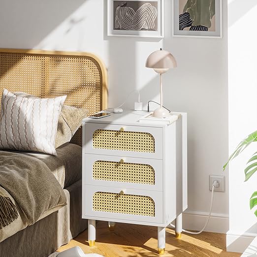 VINGLI Rattan Nightstand Boho Wood Bedside Table with 3 Drawers Natural Wicker Night